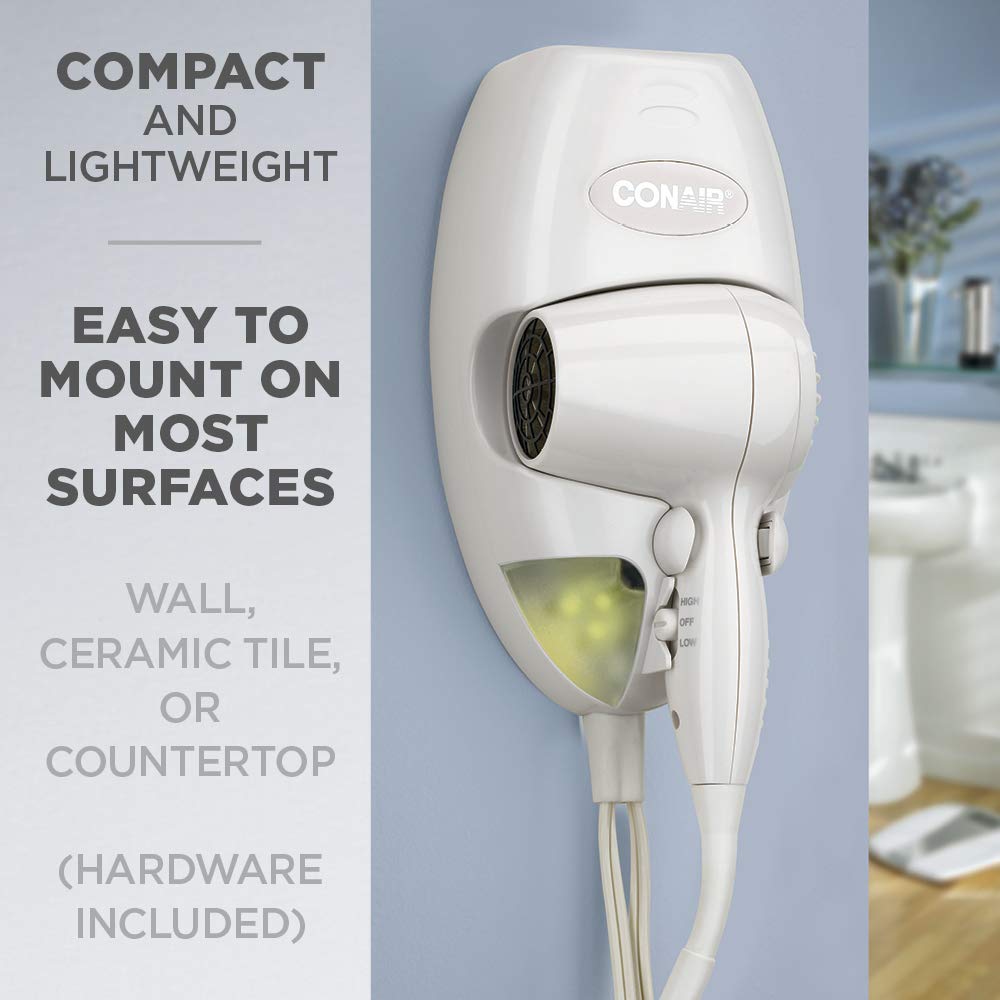 Conair Wall-Mount Hair Dryer, 1600W Hair Dryer with LED Night Light, Wall Mount Blow Dryer Conair