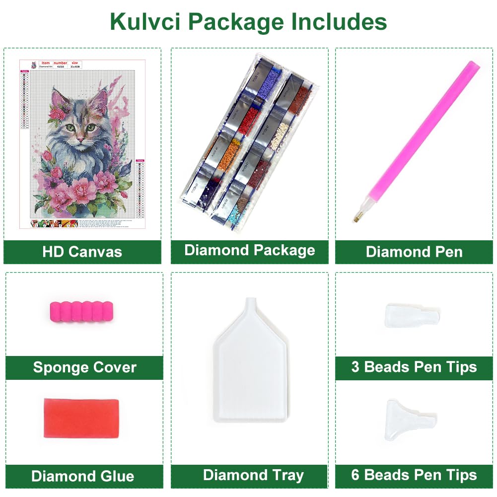 Kulvci Cat Diamond Painting Kits for Adults, Round Full Drill Diamond Art Kits, 5D DIY Diamonds Crafts for Home Wall Decoration Gifts 12×16Inch Kulvci