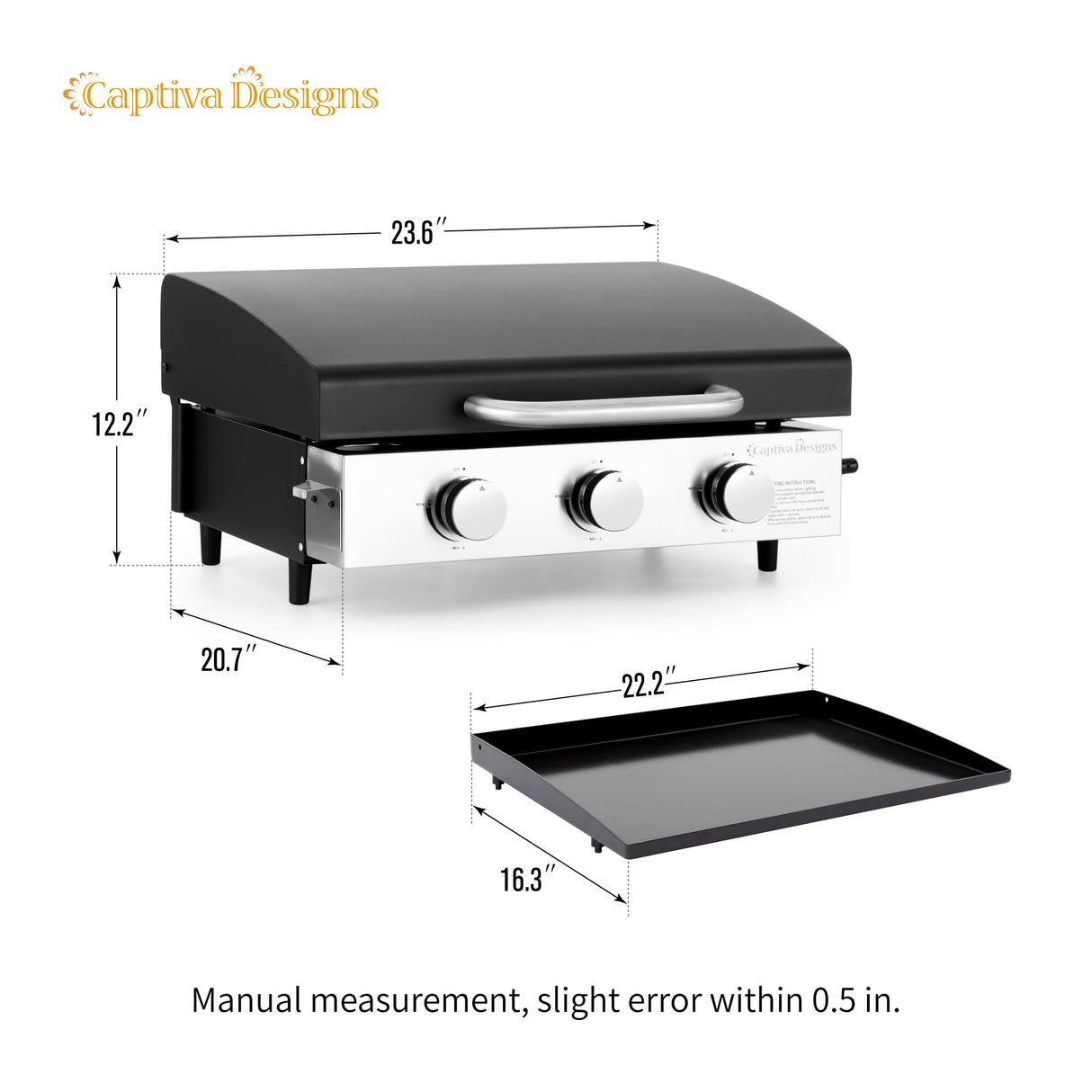 Captiva Designs 22 in Flat Top Grill with Ceramic Coated Cast Iron Pan, Portable Tabletop Propane Gas Griddle Grill for Camping, Outdoor & Tailgating Barbecue, 24,000 BTU Output, 3 Burners Captiva Designs
