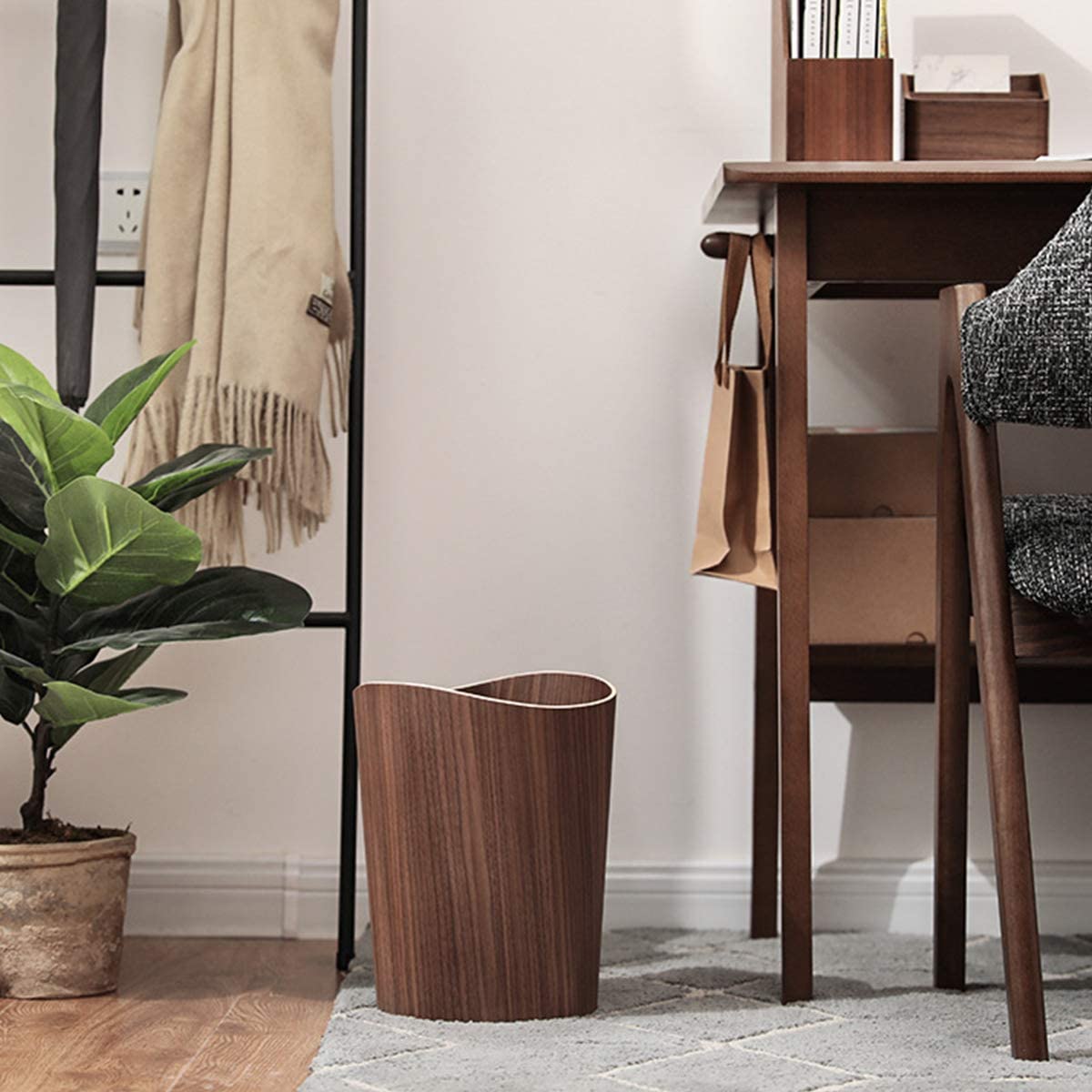 BISOZER Wood Trash Can, Round Stackable Wastebasket, Natural Wood Garbage Recycling Bin for Bathrooms, Powder Rooms, Kitchens, Home Offices (B-Dark Wood) BISOZER