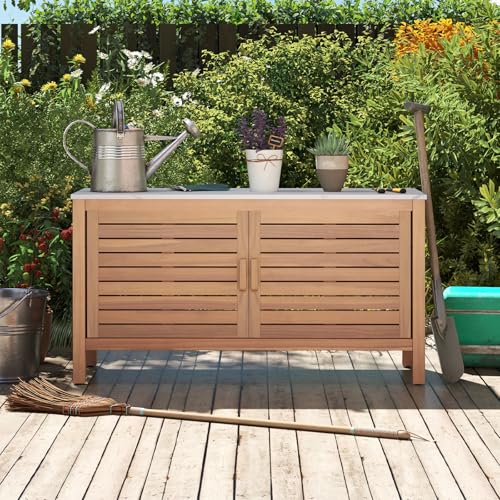 Goplus Patio Storage Cabinet, 2-Door Acacia Wood Console Table with Faux Marble Top, Outdoor Wooden Sideboard for Deck, Garden, Backyard & Entryway Goplus