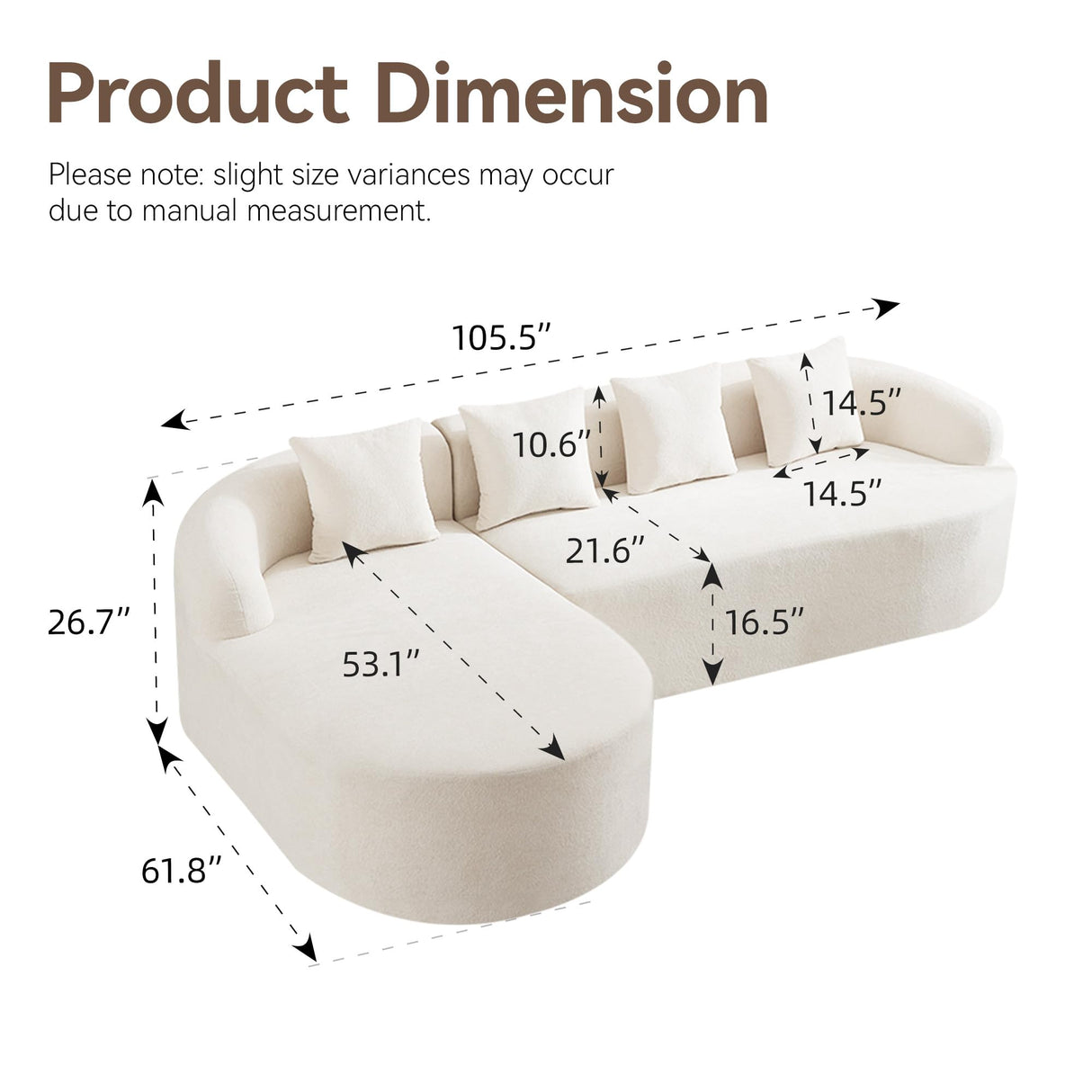 104.3" Boneless Curved Couch, l Shaped 4-Seater Cloud Couch with Deep Seat Chaise, Oversized Curved Sofa, Chenille Modular Sectional Couches for Living Room, No Assembly, Beige Abbrevi