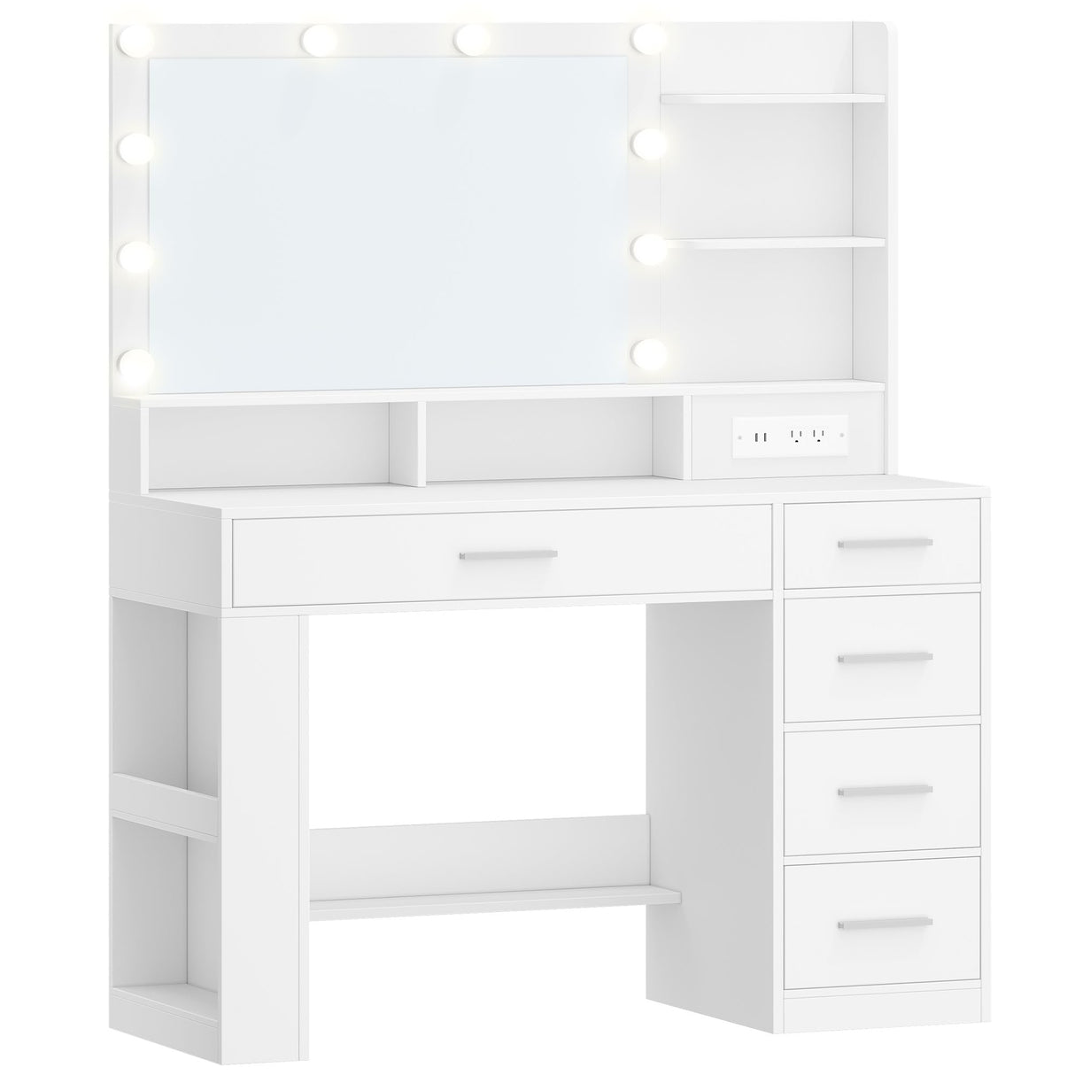 HILINSIE Vanity Desk with Large HD Mirror, Makeup Vanity with Led Lights, Dressing Table with Power Strip, 6 Storage Shelves, 5 Drawers and Side Open Storage, Simple, White HILINSIE