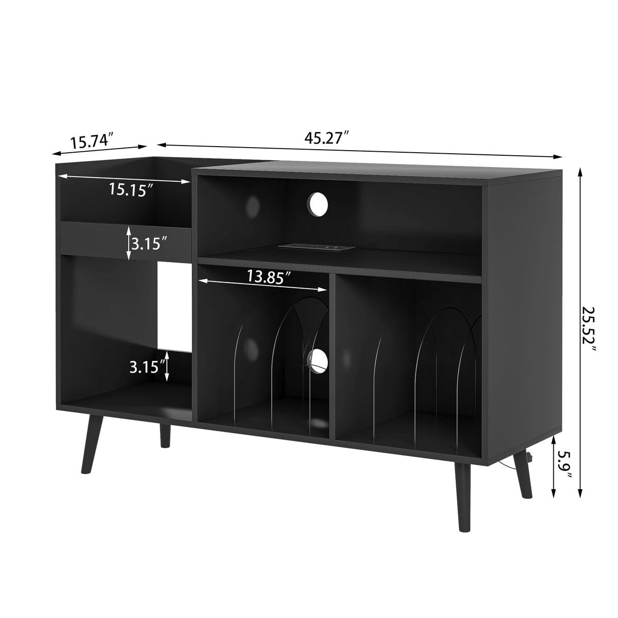 Record Player Stand with Charging Station & USB Ports, Mid-Century Turntable Stand Table Holds Up to 300 Albums, Vinyl Record Storage Cabinet with Wood Legs for Living Room Office (Black) Oubayajia