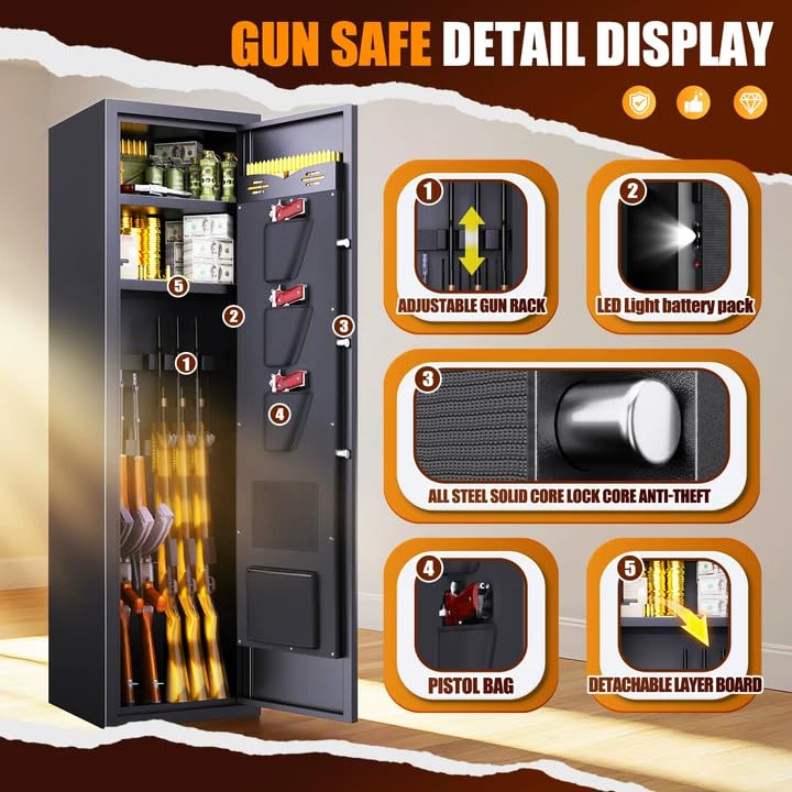 10-12 Fingerprint Gun Safe, Large Gun Safe for Rifles and Pistols,Quick-access Biometric Gun Cabinet,Rifle Safe with Removable Shelf Pistol Pockets,Home Gun Locker with Alarm System Silent Mode FFVVGH