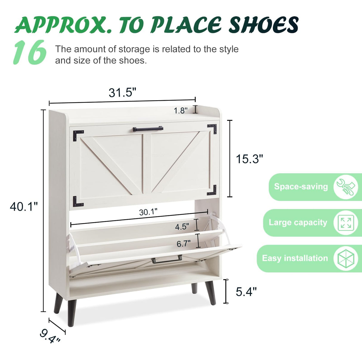 Barnyatoh Shoe Storage Cabinet with 2 Flip Drawers, Farmhouse Hidden Shoe Organizer, Narrow Slim Shoe Rack Cabinet for Entryway Hallway,Antique White Barnyatoh