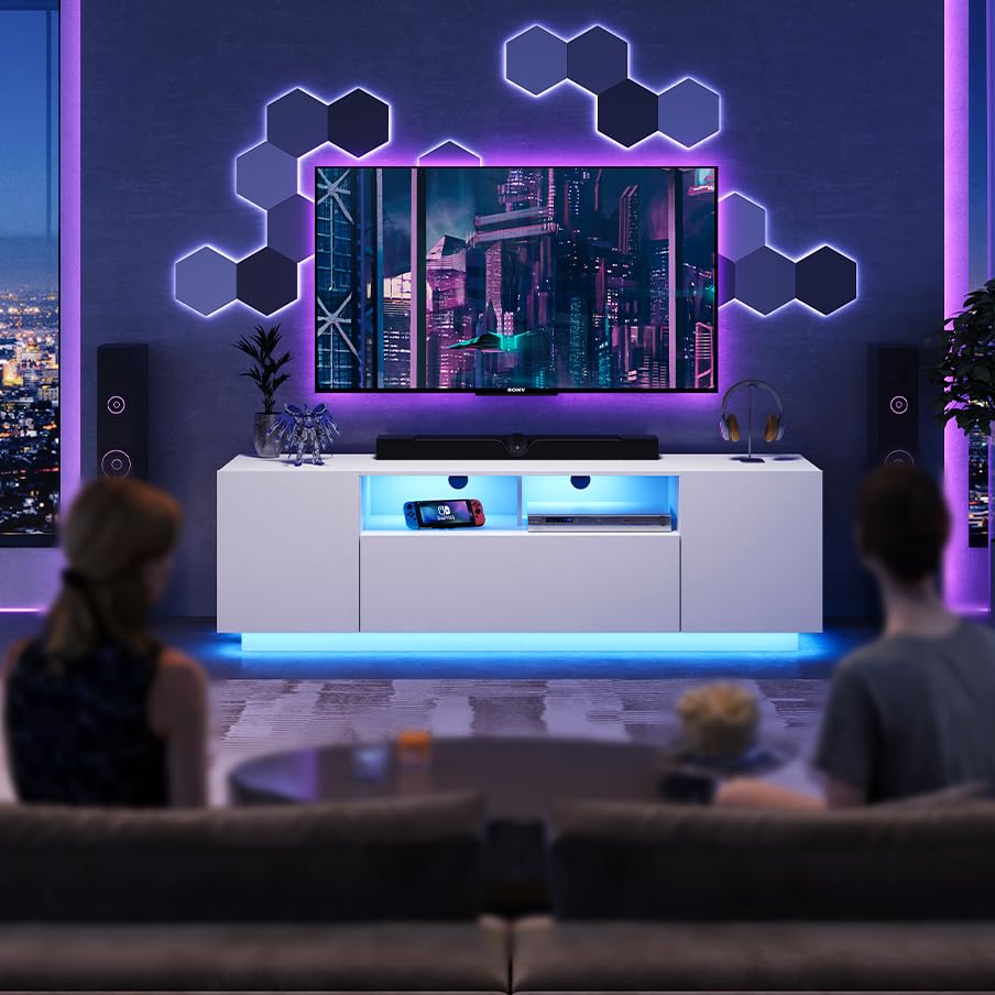 WLIVE TV Stand for 65 Inch TV, Modern Entertainment Center with LED, 58" TV Console with Storage Cabinet, TV Stands for Living Room, White WLIVE