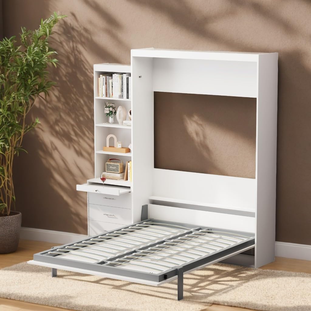 FAVSH Full Size Murphy Bed Cabinet with Shelf and Drawers, Plywood Hidden Beds,Wall Bedframe for Bedroom,Space-Saving, Noise Free, White FAVSH