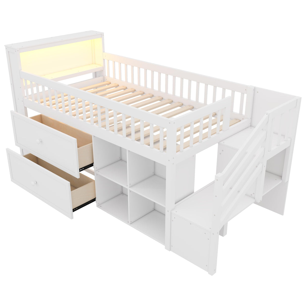 Duxelifin Low Loft Bed with Stairs and LED Lights, Twin Loft Bed Frame with 2 Storage Drawers & Bookcase Headboard, Kids Loft Bed with Guardrails & 2 Steps Shelves for Junior Girls Boys, White Duxelifin