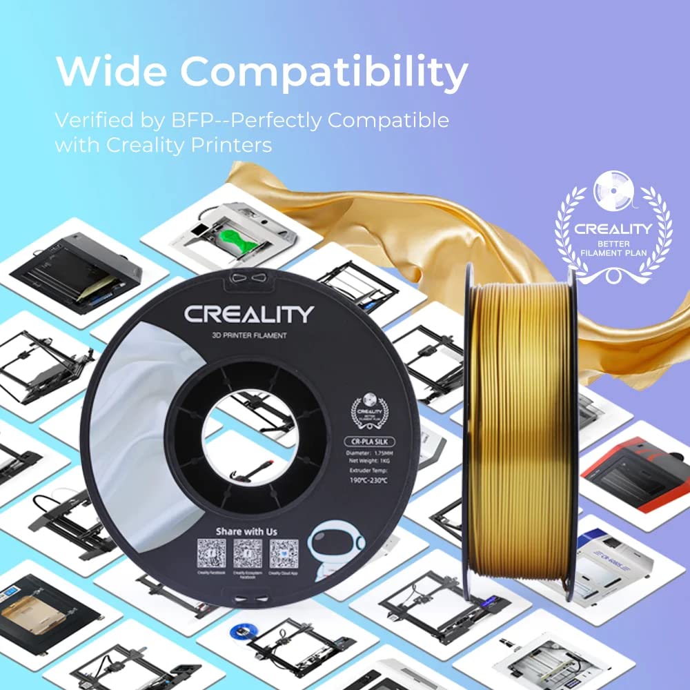 Creality PLA 3D Printer Filament, PLA Filament 1.75mm Silk Shiny PLA Filament +/-0.02mm, 3D Printing Filament 1KG/2.2lb (Gold) Creality