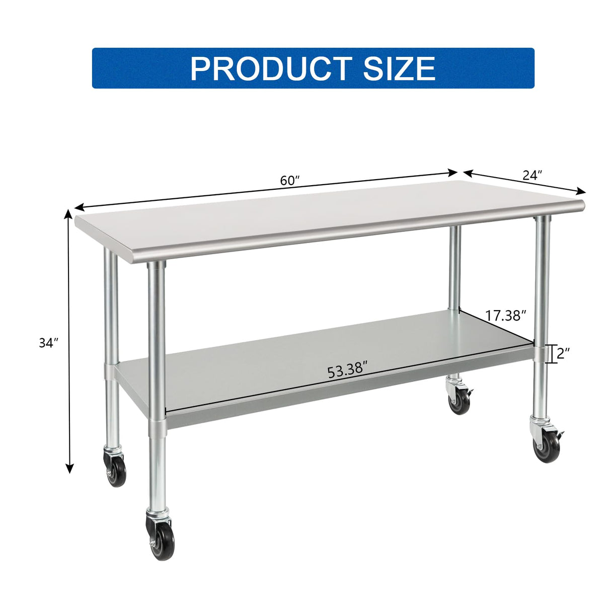 HARDURA Stainless Steel Table with Wheels 24 x 60 Inches Casters NSF Heavy Duty Commercial Work & Prep Table with Undershelf and Galvanized Legs for Restaurant Kitchen Bar and Hotel Garage HARDURA Restaurant Equipment