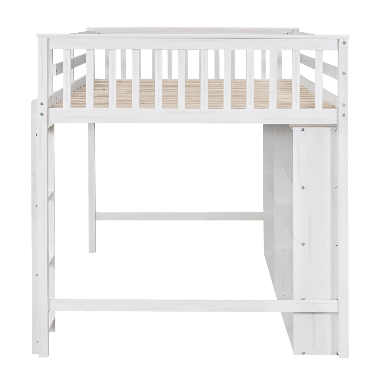 Full Loft Bed with 8 Storage Shelves, Wooden Loft Beds Frame with Bookcase, High Loft Bed with Ladder for Kids Boys Girls Teens, Antique White Bellemave