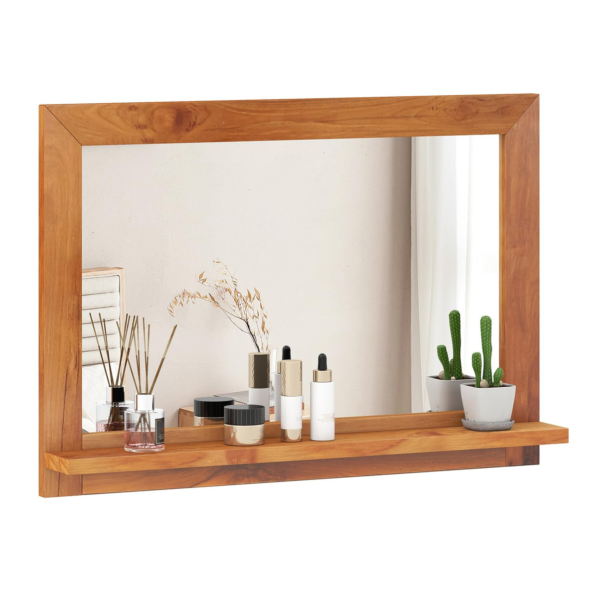 Tangkula Farmhouse Wall Mirror with Shelf, 27.5 x 20 Inch Rectangle Decorative Mirror with Teak Wood Frame, Wall Decoration for Bathroom Entryway Living Room Bedroom Tangkula