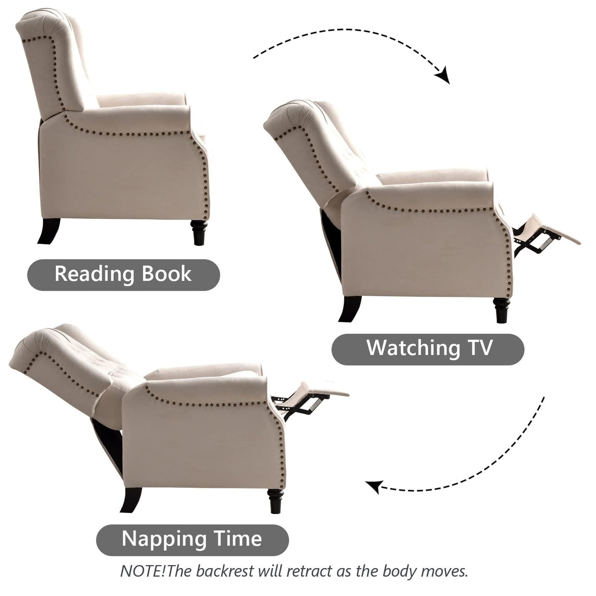 CANMOV Push Back Recliner Chair Set of 2, Elizabeth Fabric Recliner with Tufted Back Home Theater Seating w/Padded Seat and Nailhead Trim, Wooden Legs, Adjustable Single Sofa,White CANMOV
