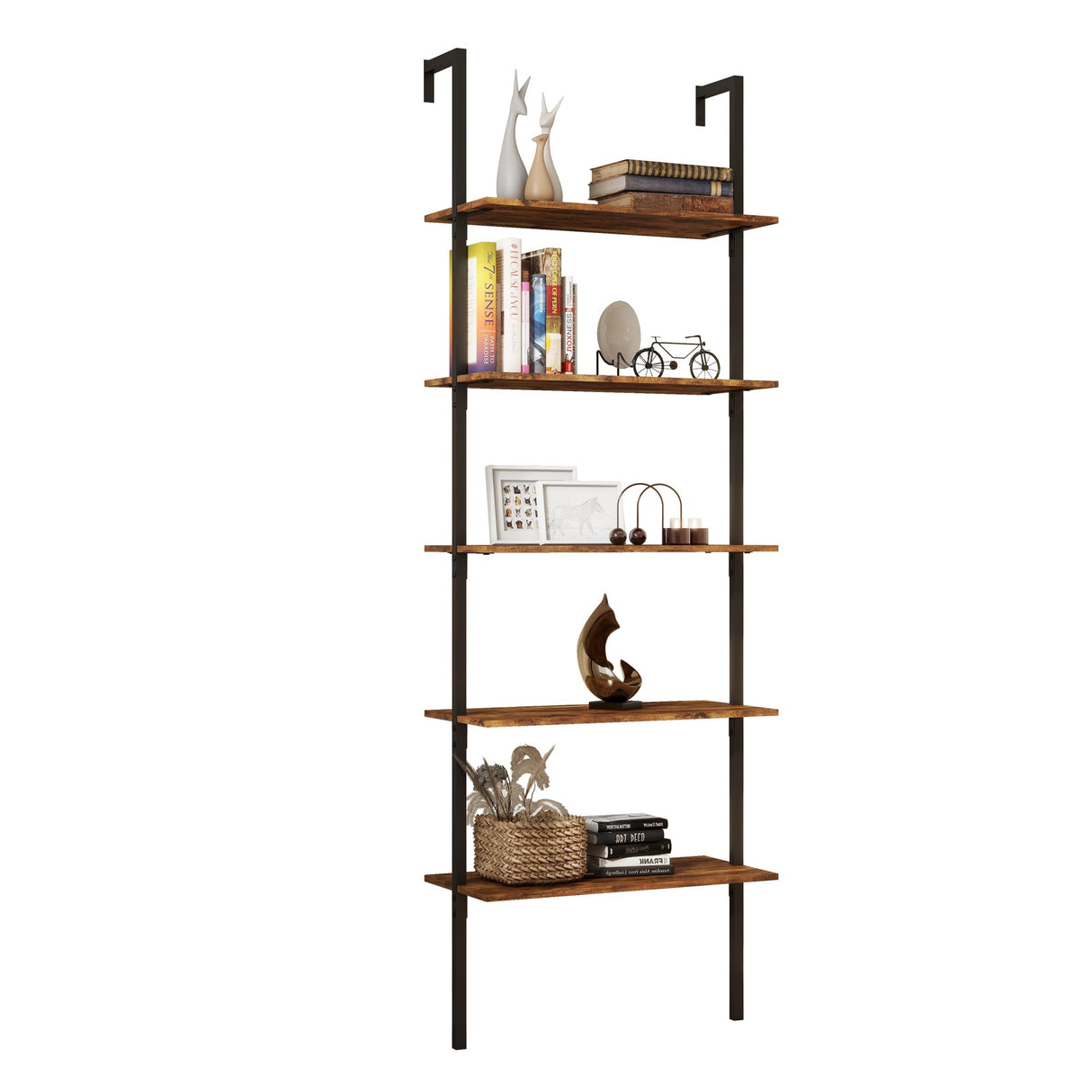 Panana Industrial 5 Tier Ladder Shelf, Open Space Book Shelf Wall Mount Bookshelf with Metal Frame Sturdy Bookcase for Living Room (Brown, 5 Tier) Panana