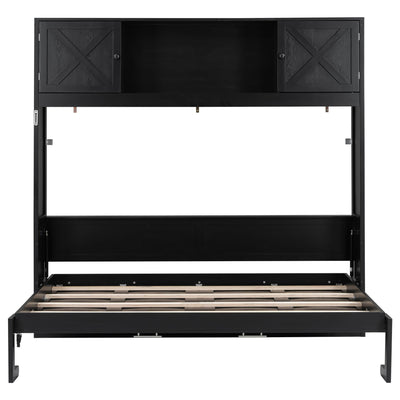 Full Size Murphy Bed Cabinet, Solid Wood Wall Bed with Storage, for Bedroom Guestroom Home Office, Black