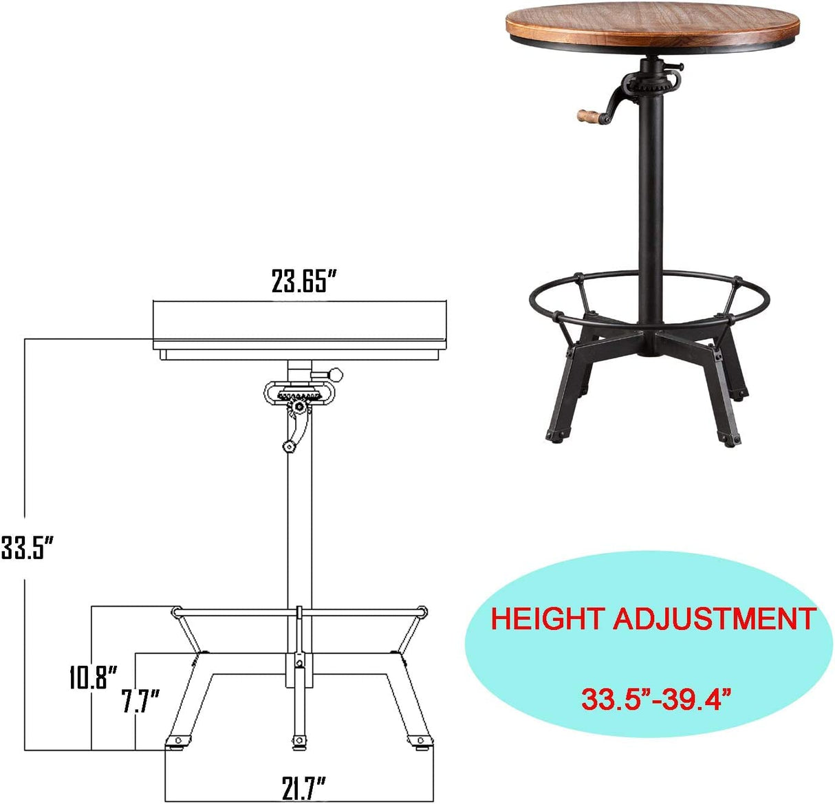 Diwhy Pub Set Industrial Style Adjustable Height 33.5-39.4in Dining Table Dia 23.6" Wooden Top with Handle Bar Table Diwhy