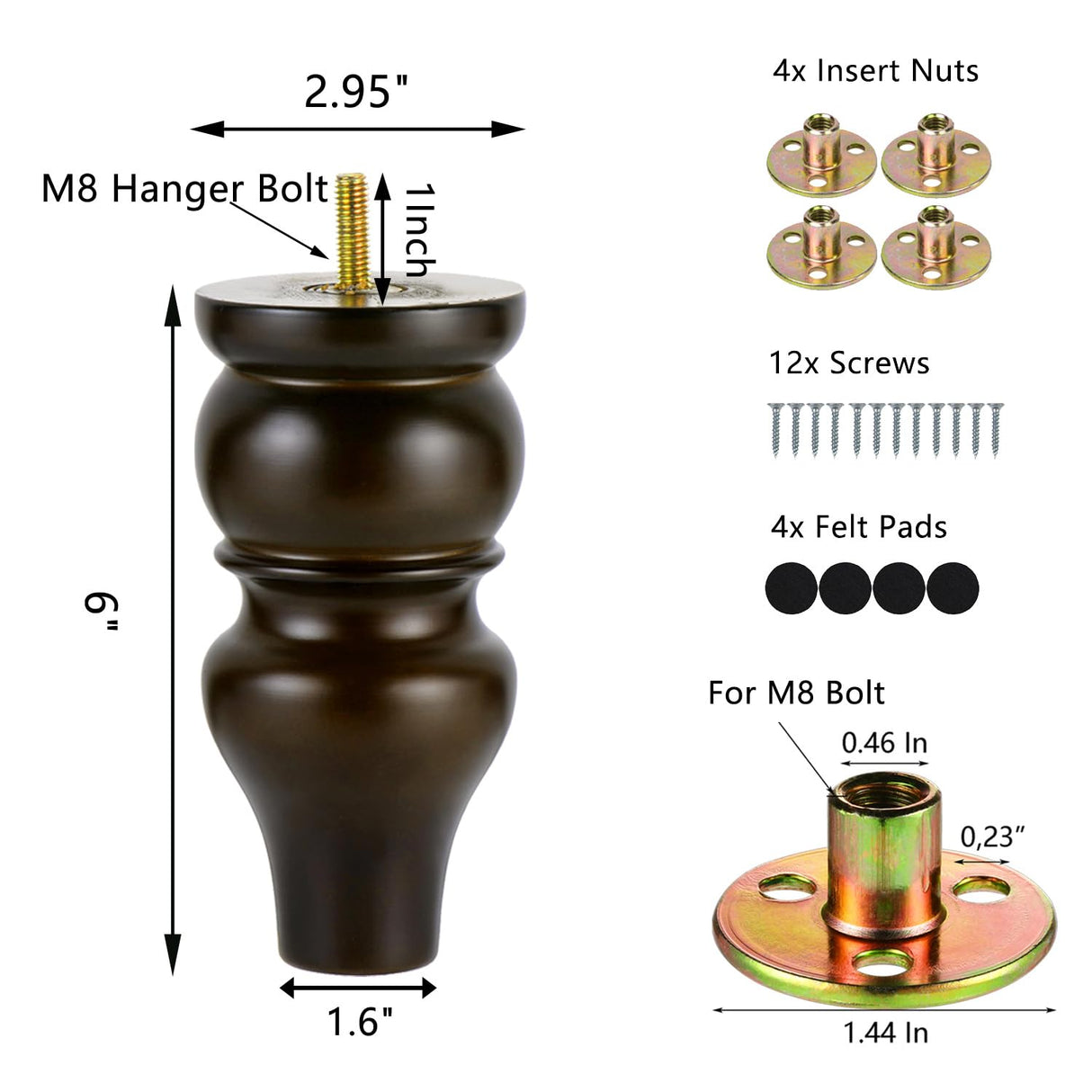 Maricome 6 Inch Replacement Furniture Legs Wood Bun Feet for Sofa Couch Cabinet Mid Century Maricome