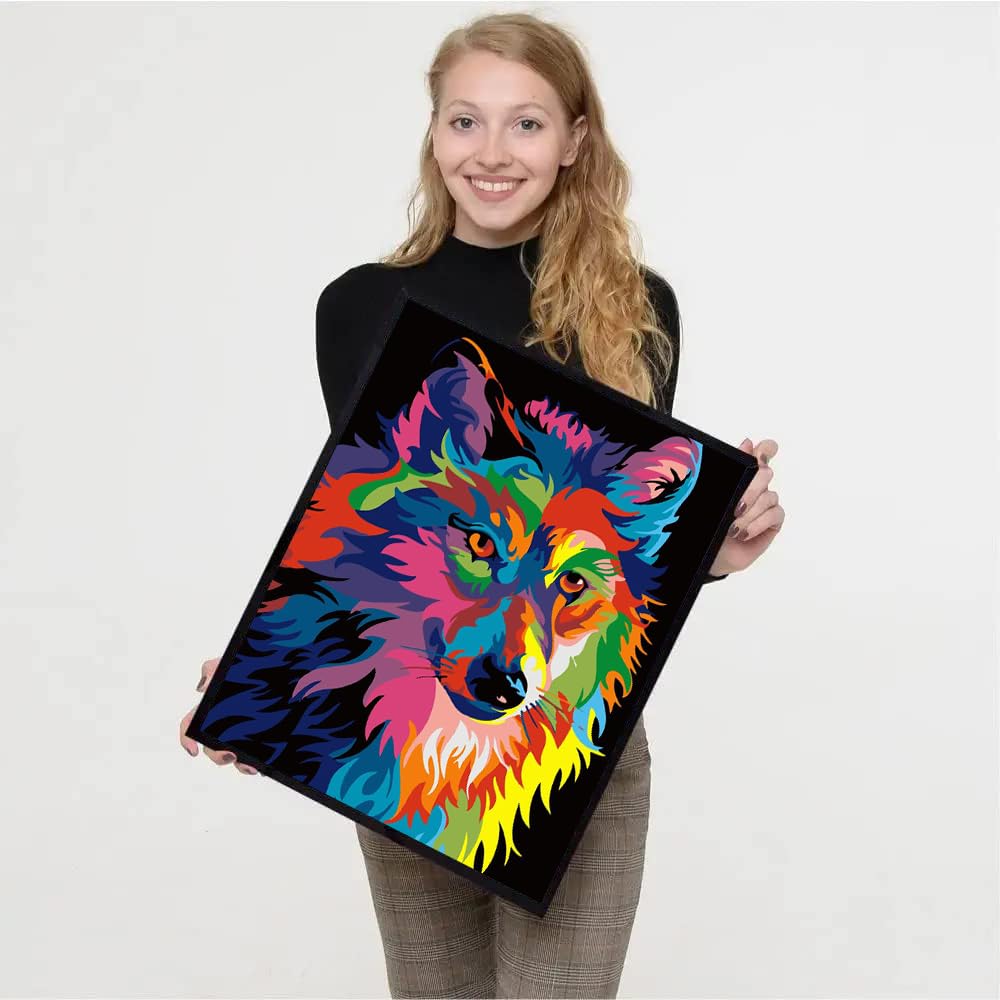 VIGEGU 4 Pack Paint by Numbers Kit for Adults Framed Canvas - with Wooden Easel,Adults' Paint-by-Number Kits Cat Giraffe Wolf Lion DIY Acrylic Animal Oil Painting Arts Crafts 7.8x11.8inch VIGEGU