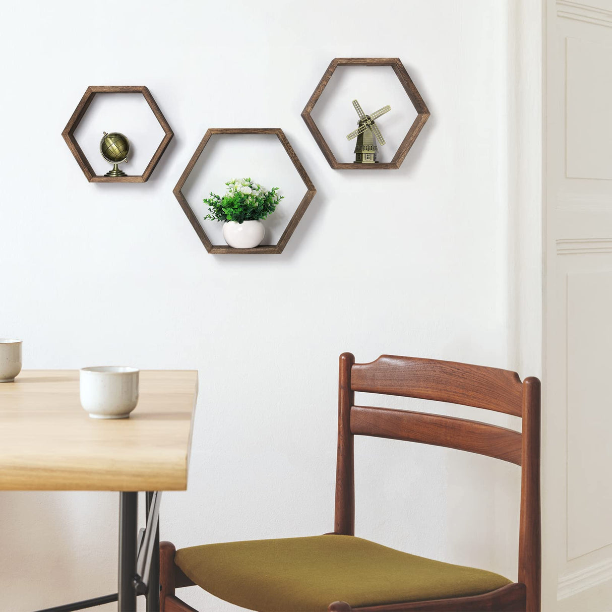Hexagon Floating Shelves Set of 6 Farmhouse Honeycomb Wall Storage Shelf Wood Display Hexagonal Shelves Wall Mounted Hanging Rustic Shelf Racks for Bedroom Living Room Hallway Office Decor, Brown CADUKE
