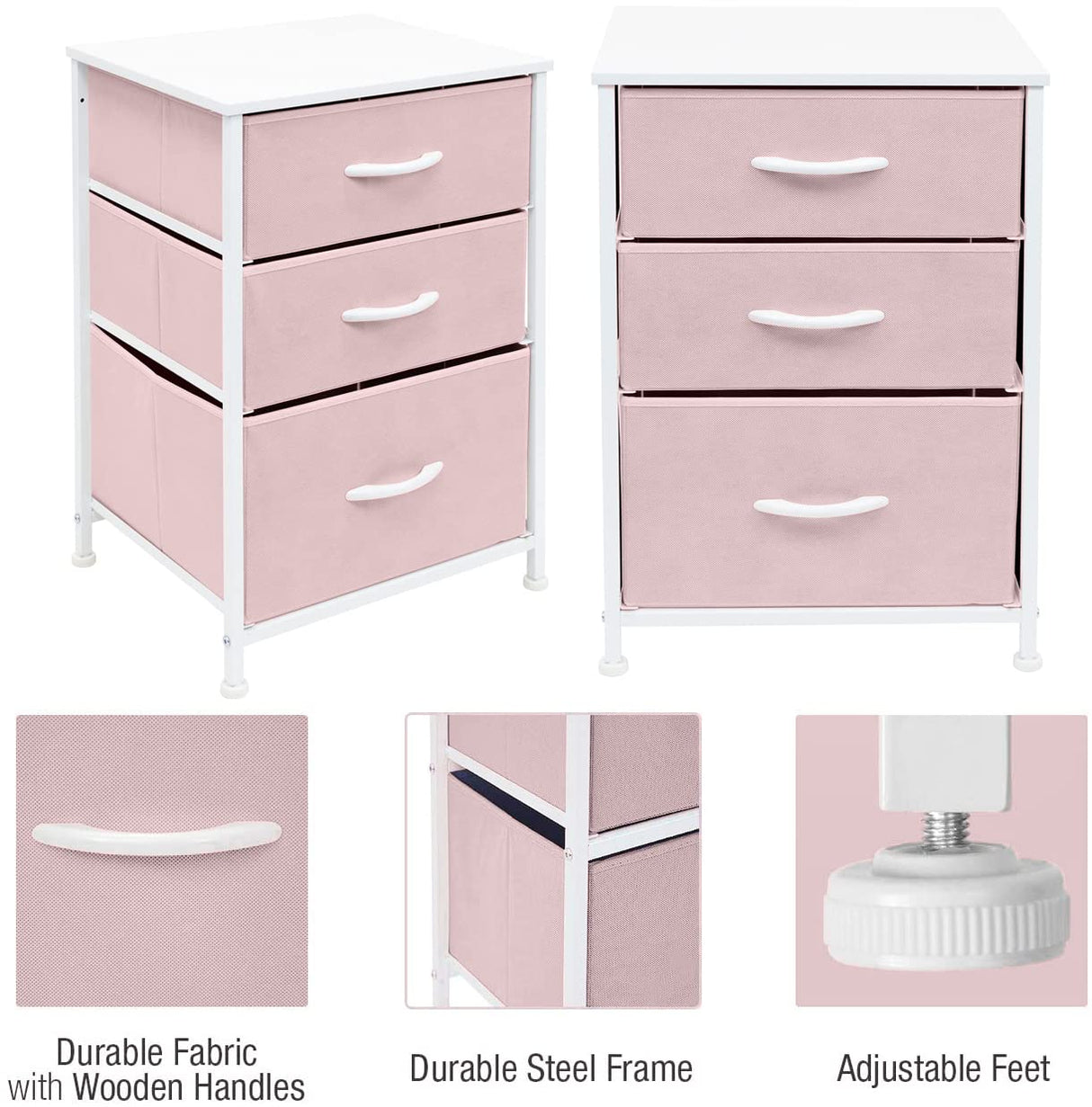 Sorbus Nightstand with 3 Drawers - Furniture Storage Chest Tower Unit for Bedroom, Hallway, Closet, Office Organization - Steel Frame, Wood Top, Pastel Fabric Bin (Pink) Sorbus