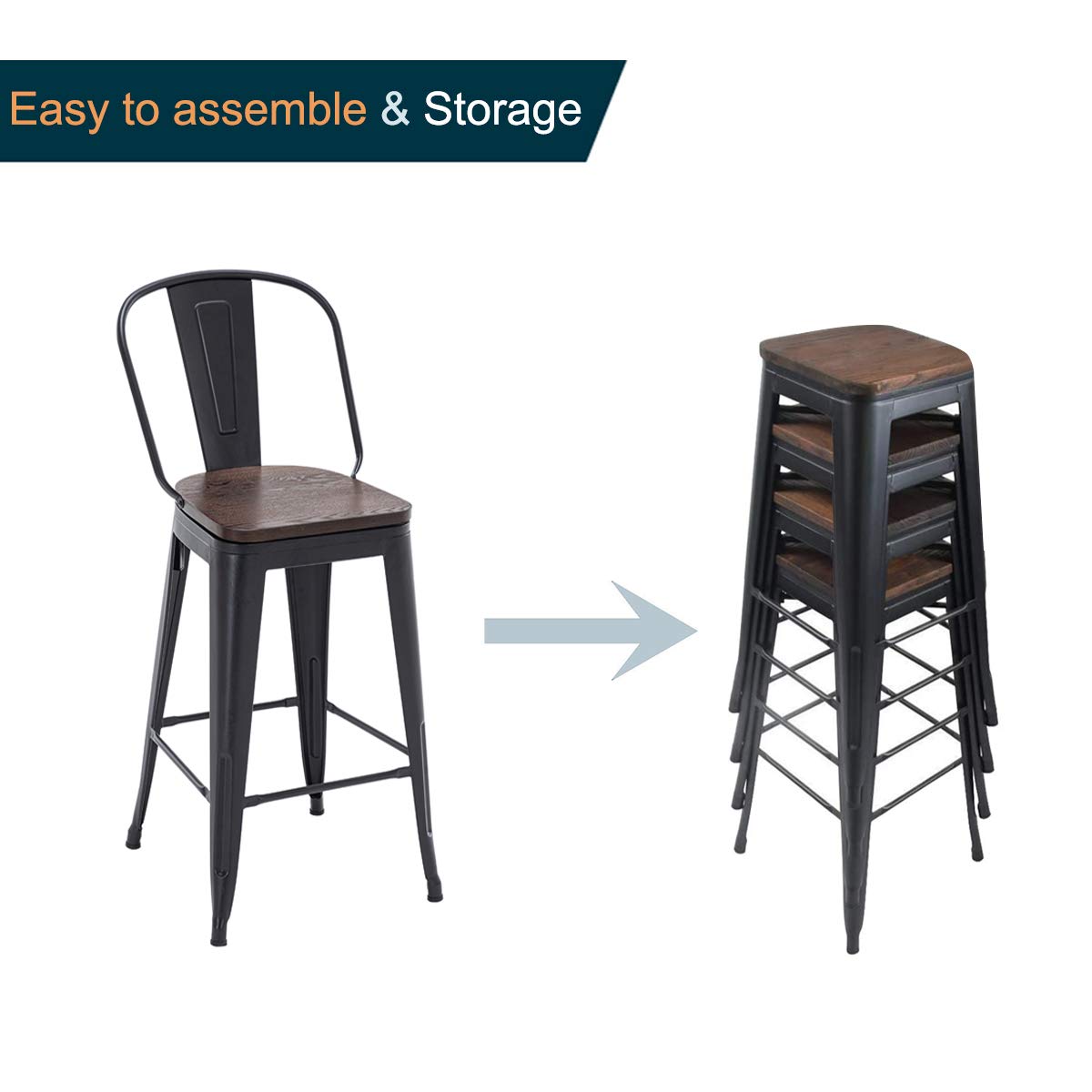 Alunaune 26" Swivel Metal Bar Stools Set of 4 High Back Counter Height Barstools Industrial Dining Bar Chairs with Large Wooden Seat-Matte Black Alunaune