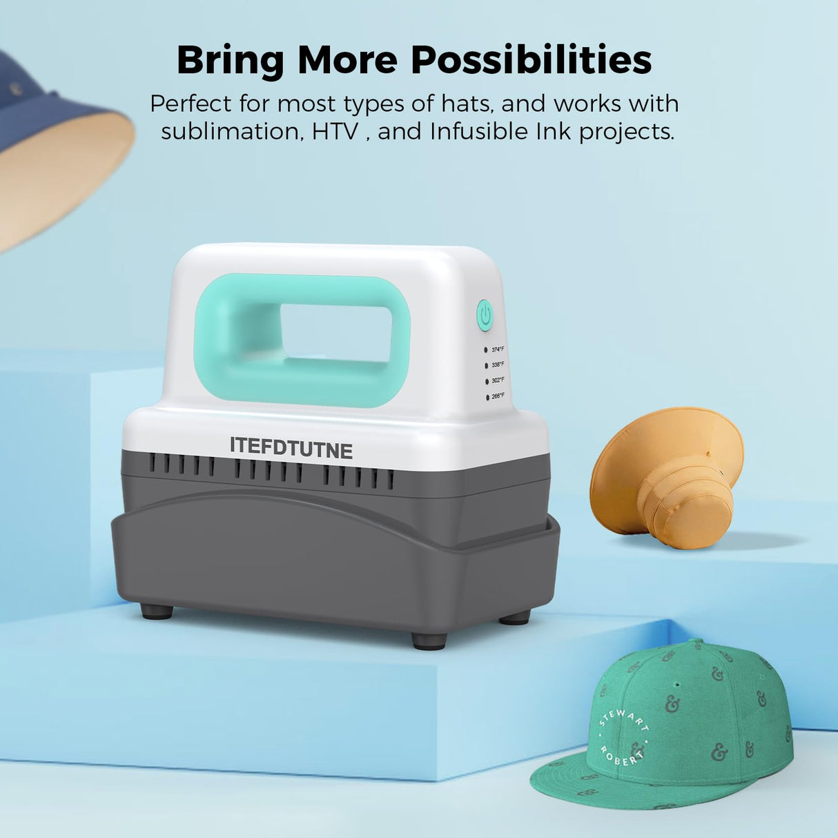 ITEFDTUTNE Hat Press Machine, Mini Hat Heat Press Machine with 4 Heating Levels & Auto-Off, Handheld Cap Easy Press with 3.5"×5.5" Curved Heat Plate, 2 Press Platens, A Safety Base, Green ITEFDTUTNE