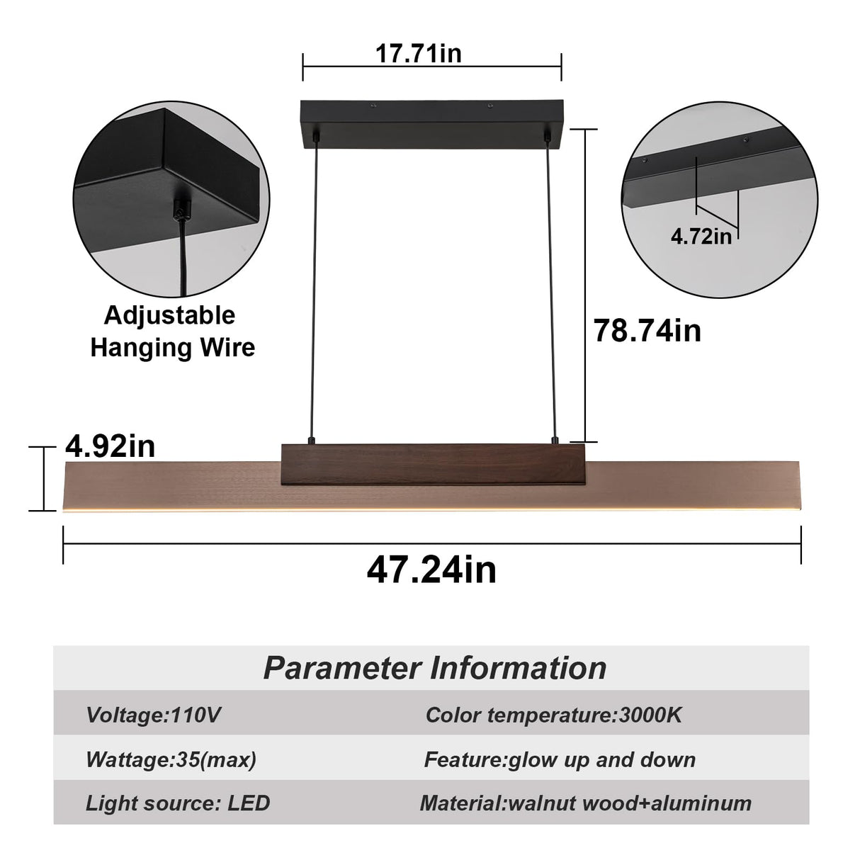 Y'INSP Modern Wooden LED Pendant Light Fixtures 47 Inch Linear Dimmable Pendant Light Height Adjustable Dining Room Light 35W Walnut Color Linear Chandelier for Kitchen Island Y'INSP