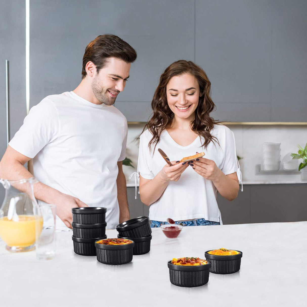 Yachi Ceramic Ramekins 4oz set of 6,Porcelain Ramekins Oven Safe,Stoneware Souffle,Baking Souffles,Creme Brulées,Custards, Puddings,Dishwasher Oven Safe,Black Ramekins Yachi