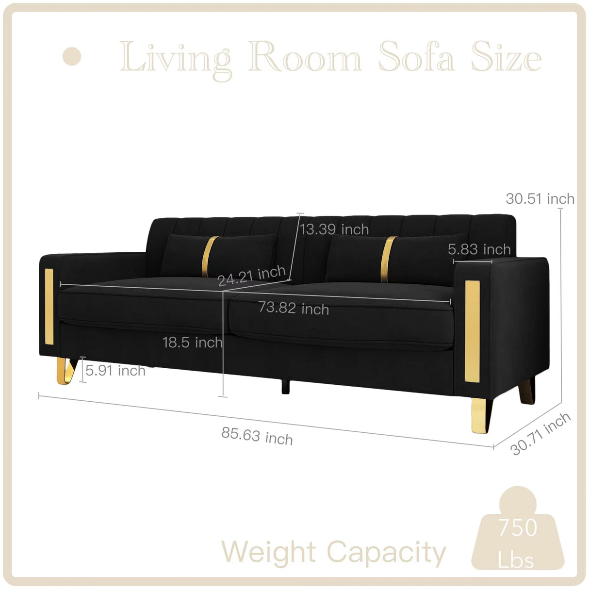 yunqishi 85.63" Modern Black Velvet Sofa with Gold Metal Legs Large Upholstered Comfy 3 Seater Couches for Living Room Bedroom Office (Black) yunqishi