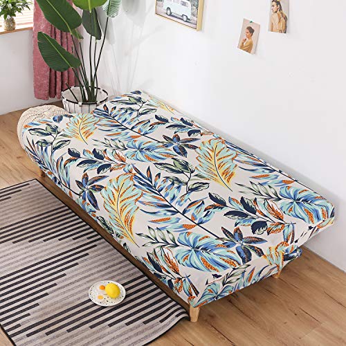 WOMACO Printed Futon Cover Stretch Sofa Bed Slipcovers Full Twin Queen Size Armless Couch Loveseat Protector Covers with Elastic Bottom for Living Room Bedroom Furniture (Rain Leaves, 63"-75") WOMACO