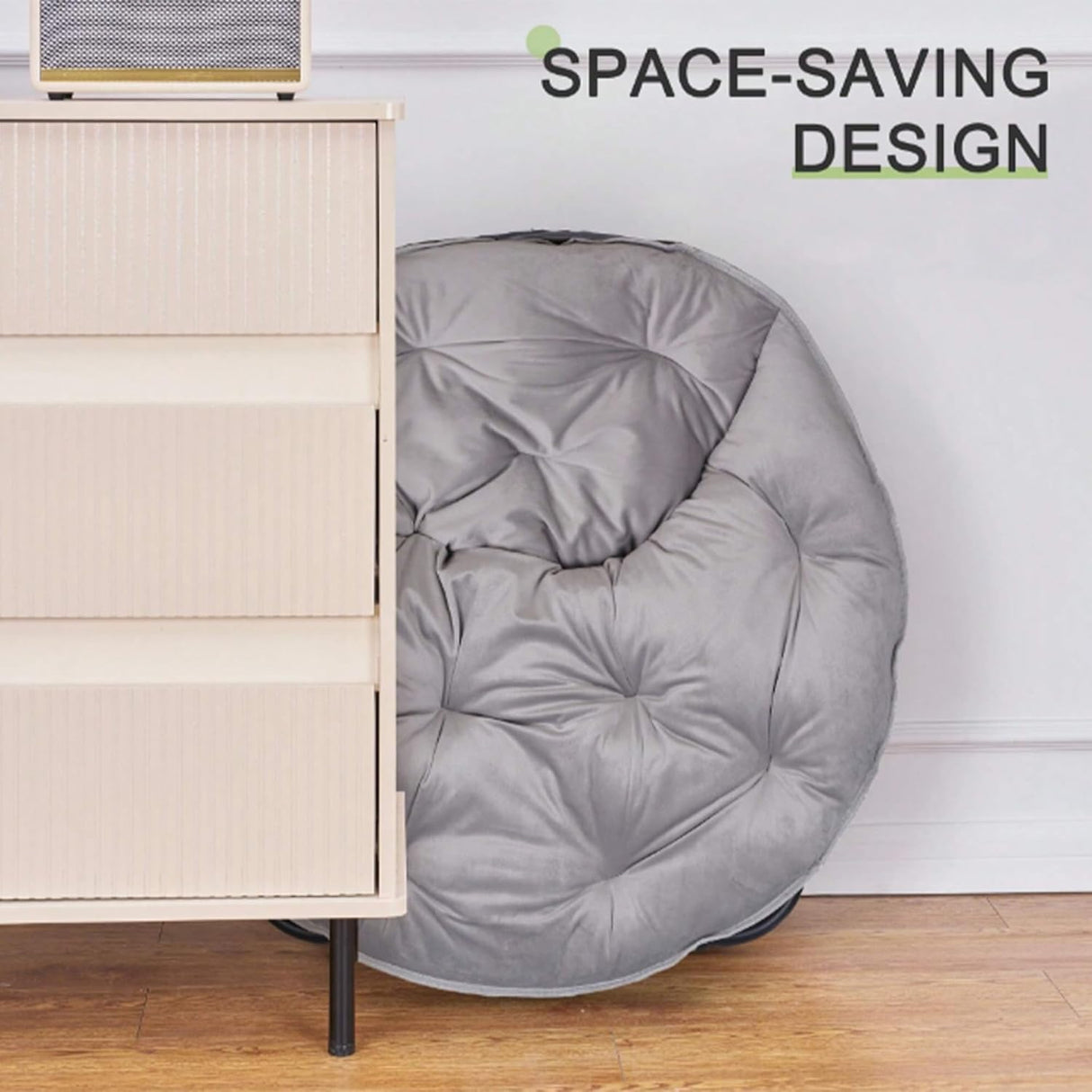 VECELO Saucer Chair for Adults, Folding Moon Chair with Metal Frame, Faux Fur for Bedroom, Living Room, Dorm Room, Apartment, Grey VECELO