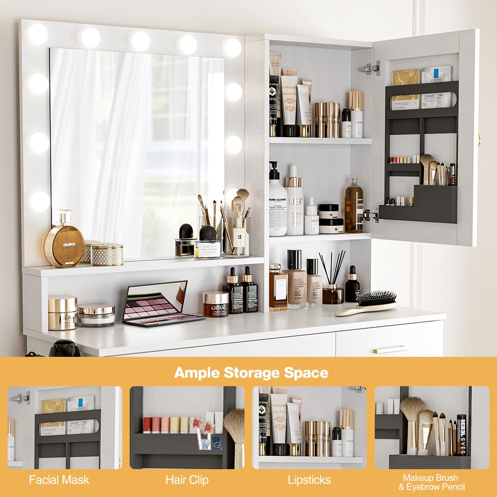 LCRBOL Makeup Vanity Desk with Mirror & Lights, Vanity Desk with 2 Drawers, Storage Shelves, Adjustable Brightness Vanity Mirror with Lights, Bedroom, White LCRBOL