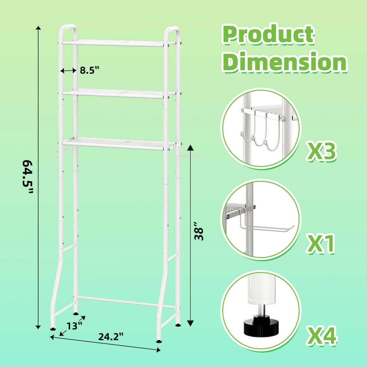 Simple Trending Over The Toilet Storage Rack, Metal 3 Tier Bathroom Organizer Shelf with Paper Holder and 3 Hooks, White Simple Trending