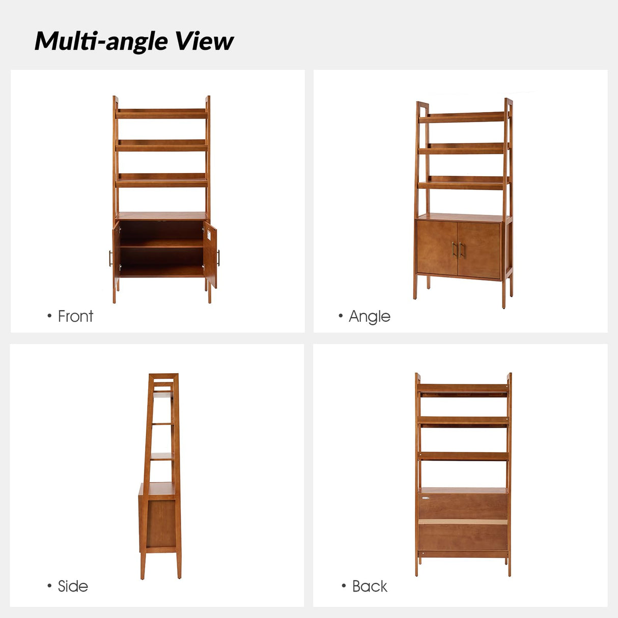 HULALA HOME Wood Ladder Shelf Bookcase with Doors & 3 Open Shelves, 34" W Mid-Century Modern Bookcase with Metal Pulls, Storage Rack with Solid Wood Legs for Bedroom & Living Room, Acorn HULALA HOME