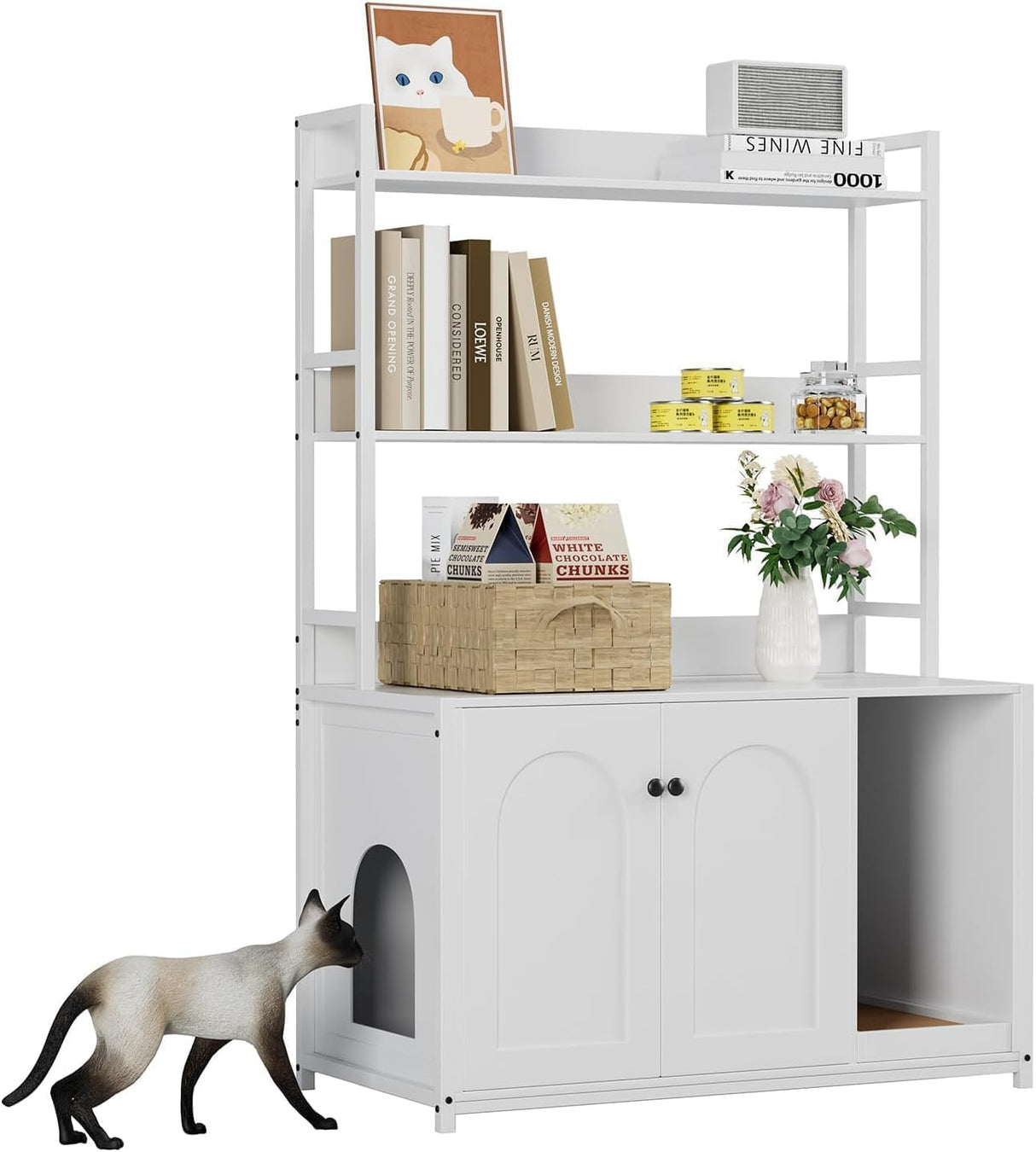 GAOMON Cat Litter Box Enclosure, with 2 Storage Shelves, Hidden Cat Furniture with 2 Doors and Scratch Pad, Indoor Cats House Kitty Box Washroom Cats Bookshelf Cabinet - White GAOMON