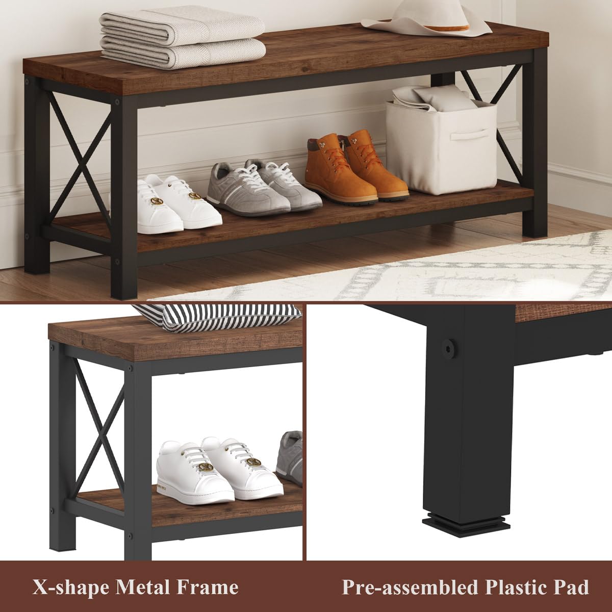 BON AUGURE 2 Tier Shoe Bench with Storage, Wood Metal Entryway Bench, Industrial Shoe Rack Bench for Entrance, Hallway, Mudroom, Bedroom, Indoor (Rustic Oak) BON AUGURE