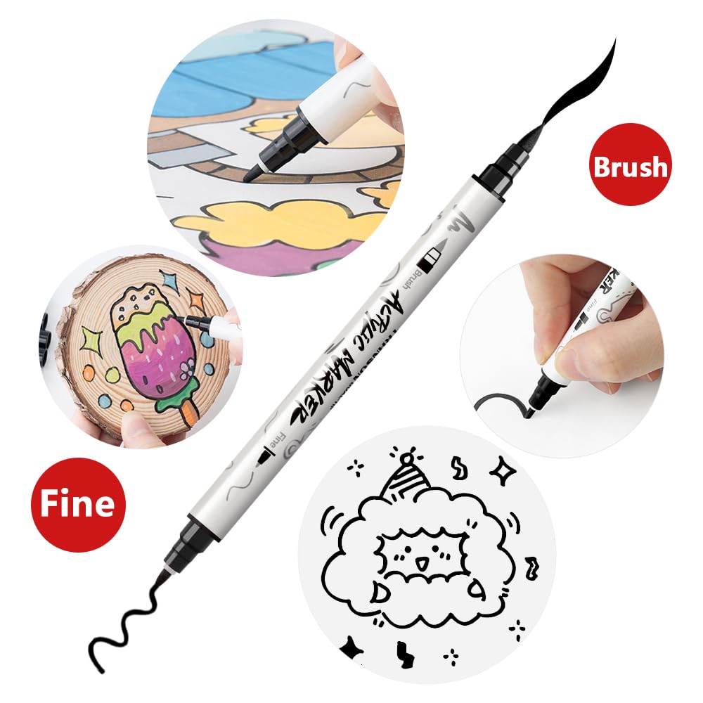 TRANSON 4 Black and 4 White Paint Pens Brush and Fine Dual-tip Acrylic Paint Marker Set for Rock Painting Glass Canvas Wood Leather Ceramic Painting TRANSON