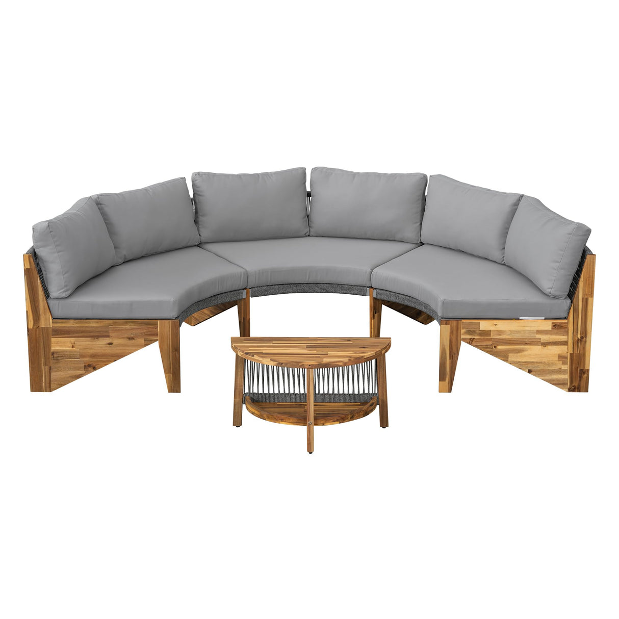 Quarte Outdoor Acacia Wood Round Sofa Set, Sectional Sets with Coffee Table,6-Person Seating Group for Garden, Deck (Gray/Half-Moon*A) Quarte
