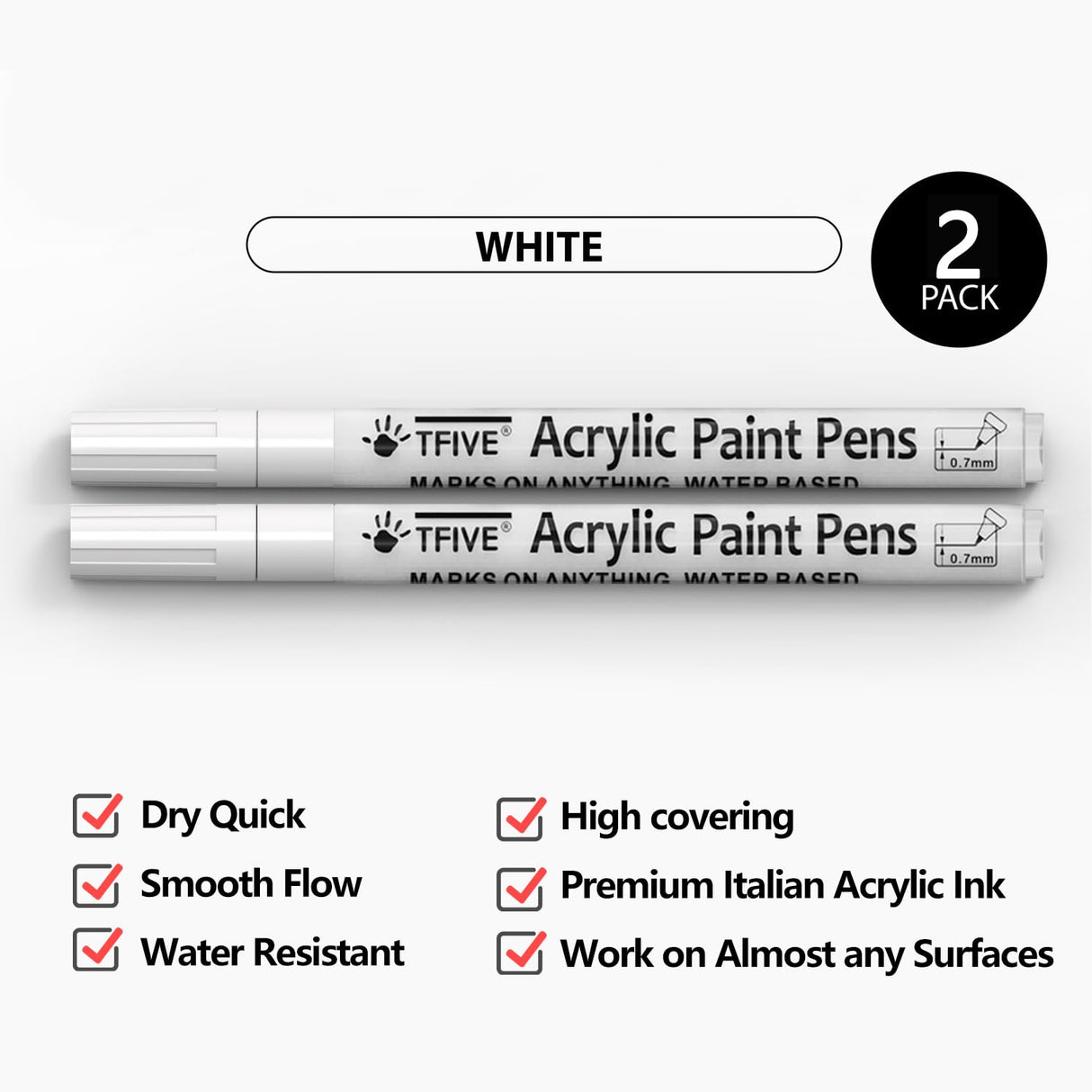 TFIVE White Paint Marker Paint Pens - 2 Pack Acrylic Permanent Marker, 0.7mm Extra Fine Tip Paint Pen for Art Projects, Drawing, Rock Painting, Ceramic, Glass, Wood, Plastic, Metal, Canvas DIY Crafts TFIVE