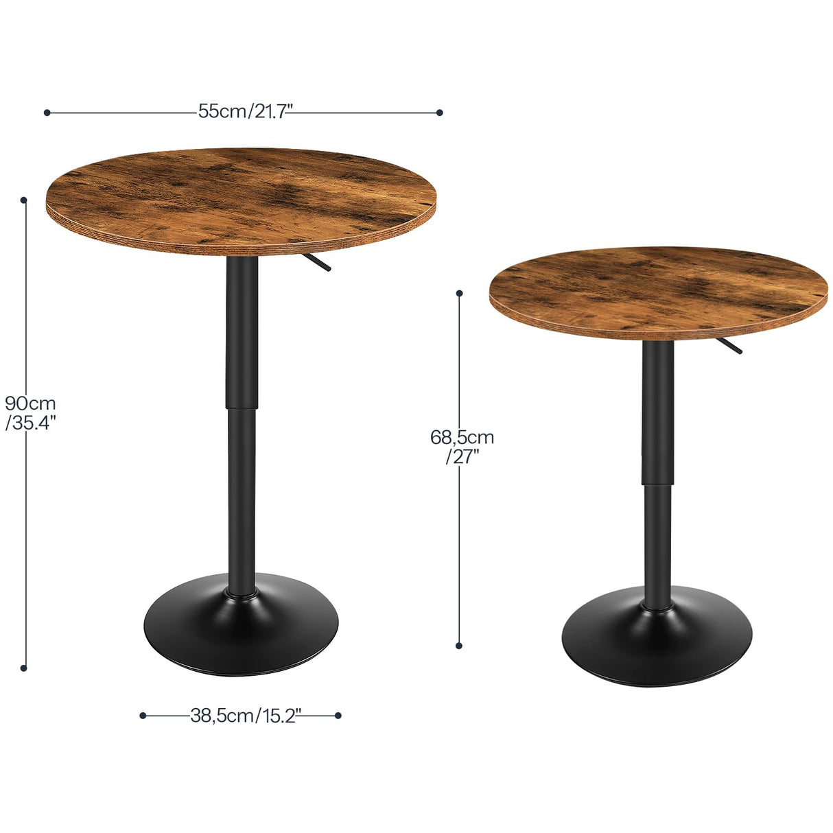 HOOBRO 2 Pcs Bar Table, Height-Adjustable Round Pub Table 27-35.4 Inches with Sturdy Base, Modern Style, Easy to Assemble, Suitable for Small Space, Rustic Brown and Black BF58BTP201G1 HOOBRO