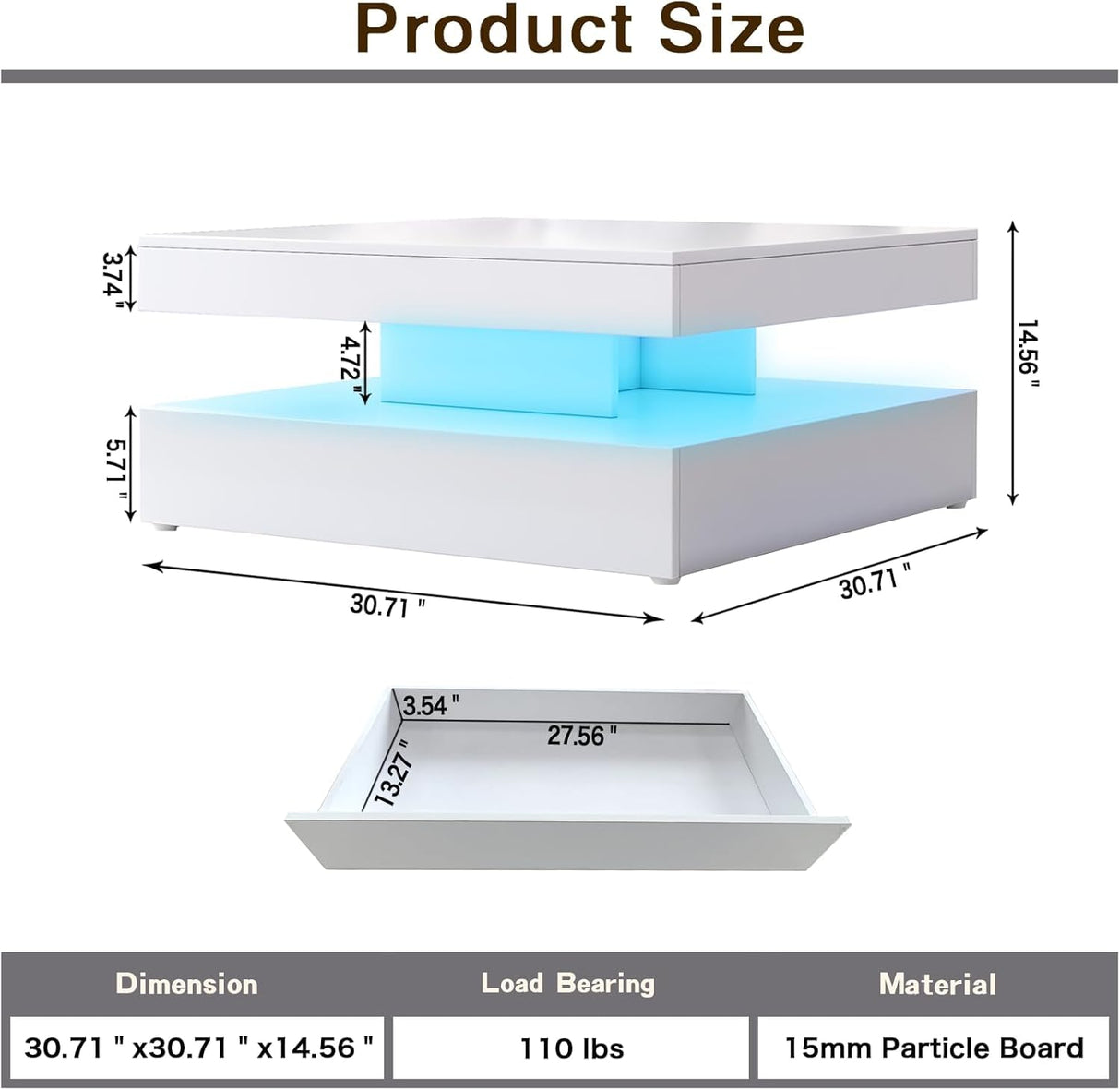 LED Coffee Table for Living Room with Storage - High Glossy Modern White Center Table with 2 Drawers, Square Wooden Middle Table with 16-Color Lights 31" x 31" x 14.6" (White) FKWin