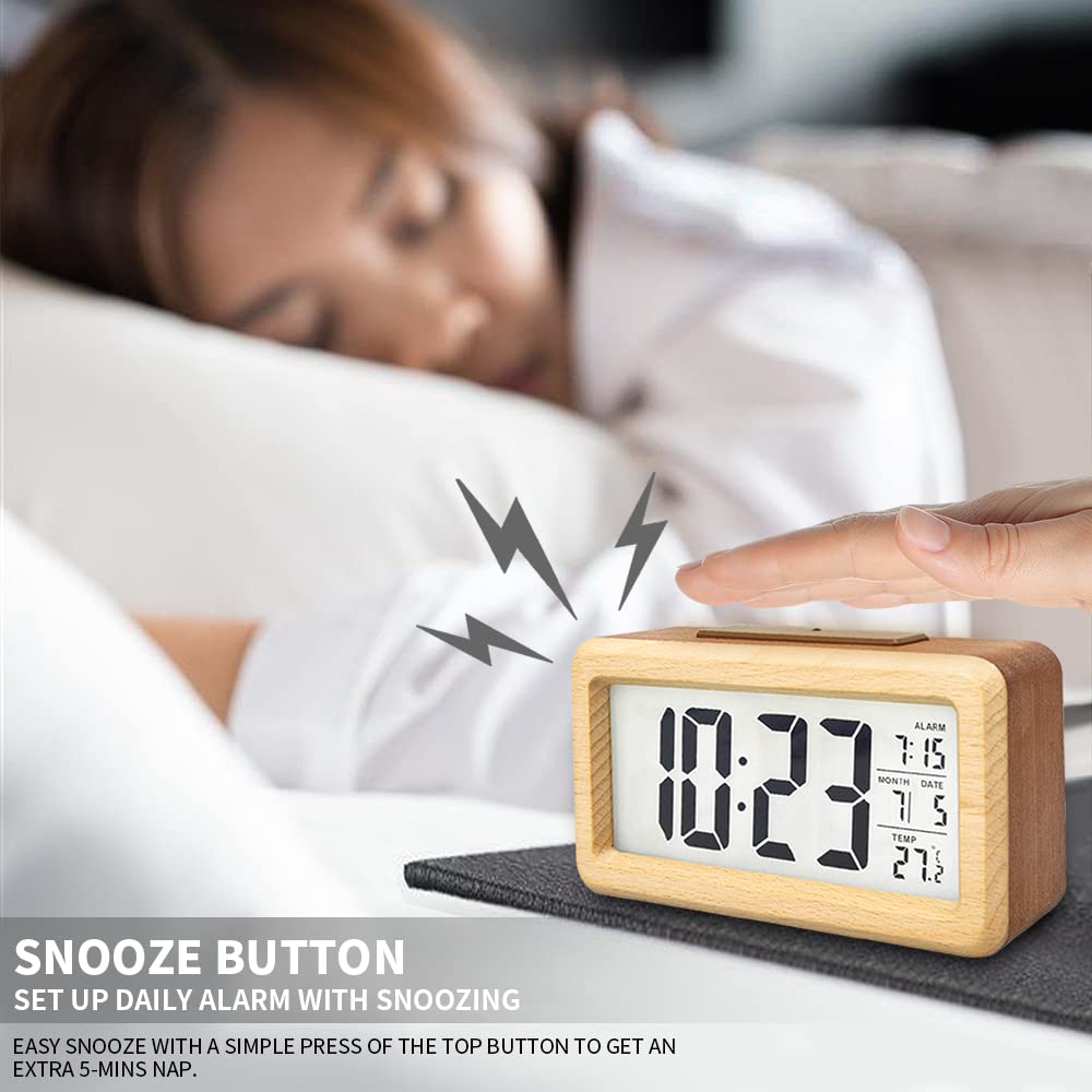 everwood Wooden Digital Alarm Clocks for Bedrooms Battery Operated, Wooden LCD Digital Clock with Smart Sensor Night Light, Temperature Detect, Snooze Function everwood