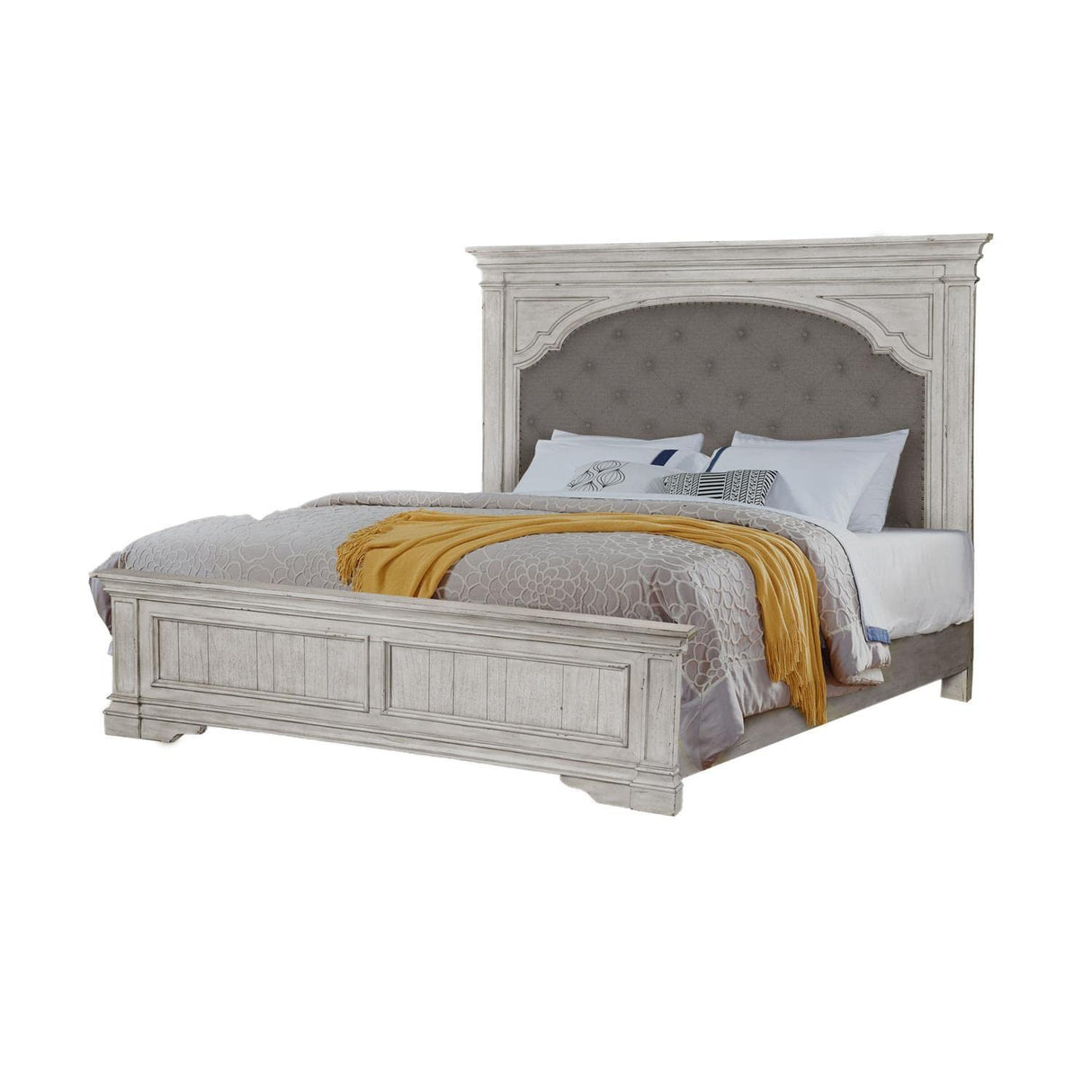 Steve Silver Company Highland Park 83.5" x 90" Farmhouse Wood & Fabric Upholstered Panel King Bed with Button Tufted Headboard, Low Vertical Planked Inset Panel Footboard, in Rustic Ivory Finish Steve Silver