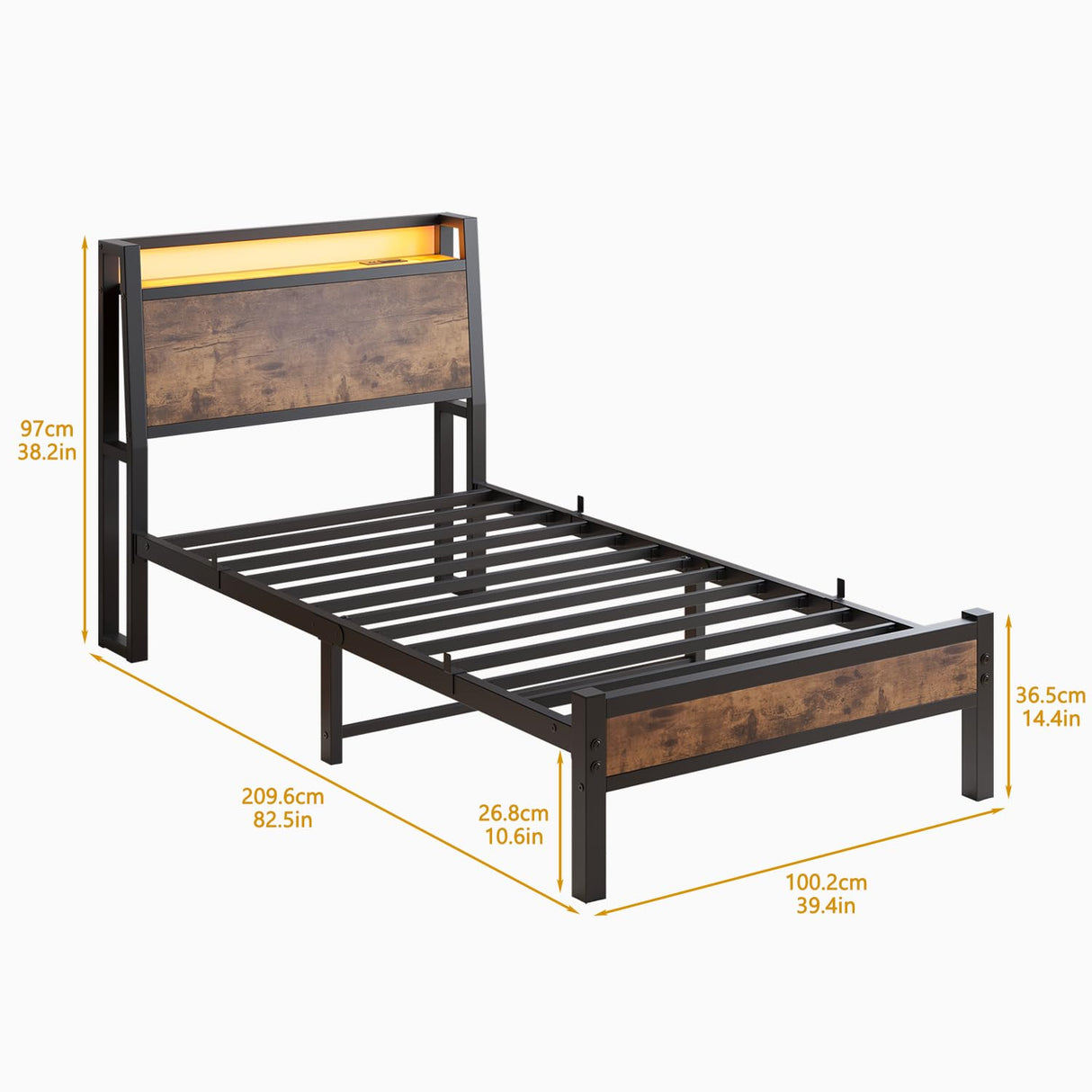 ZGEHCO Twin Bed Frames with Ergonomic Storage Headboard,Metal Platform Bed Frame with Charging Station,LED Bed Frame Twin Size No Box Spring Needed,Heavy Duty Steel Slats,Noise Free,Rustic Brown ZGEHCO