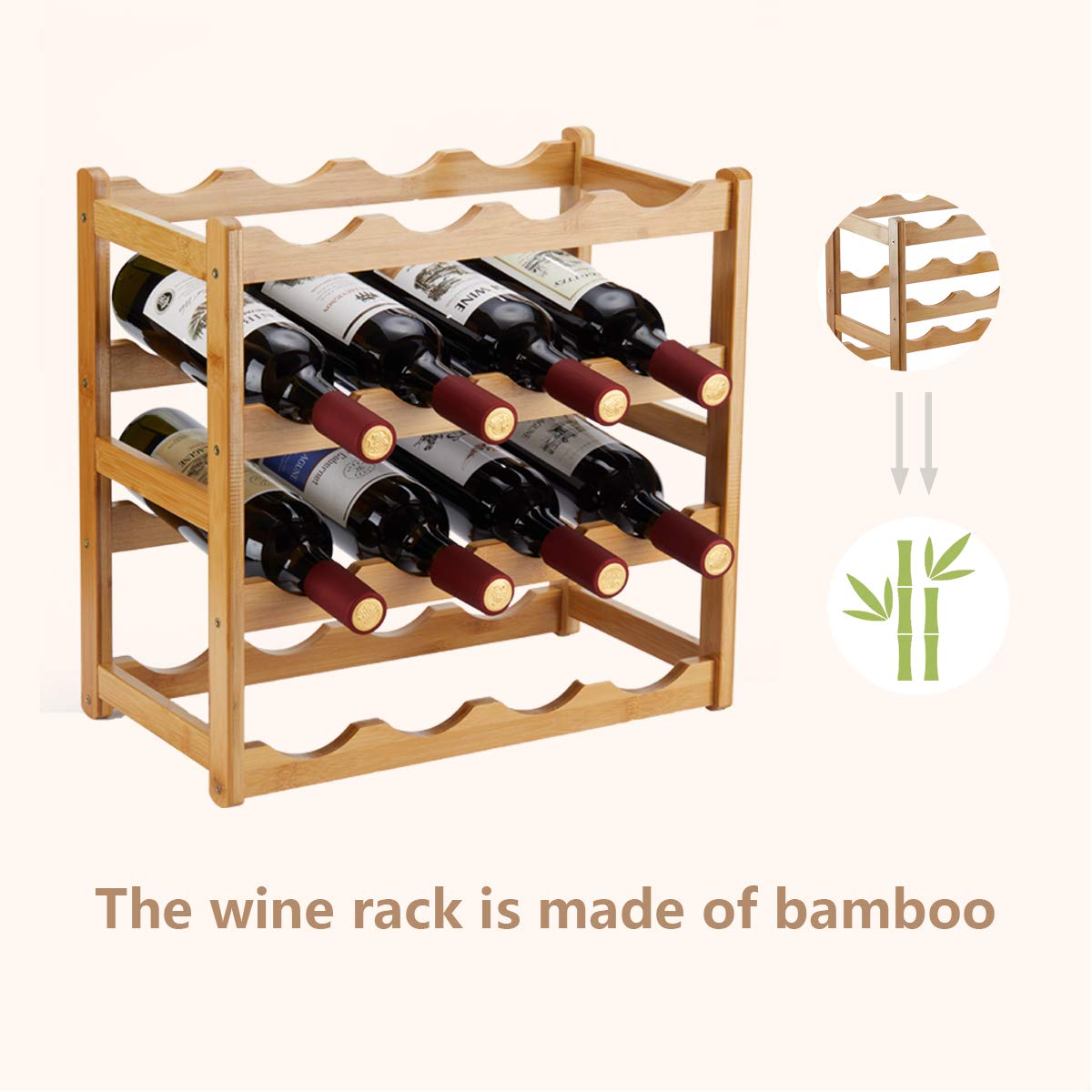 Homevany Bamboo Wine Rack, Sturdy and Durable Countertop Wine Storage Cabinet Shelf for Pantry - 4 Tiers 16 Bottle Wine Rack Homevany