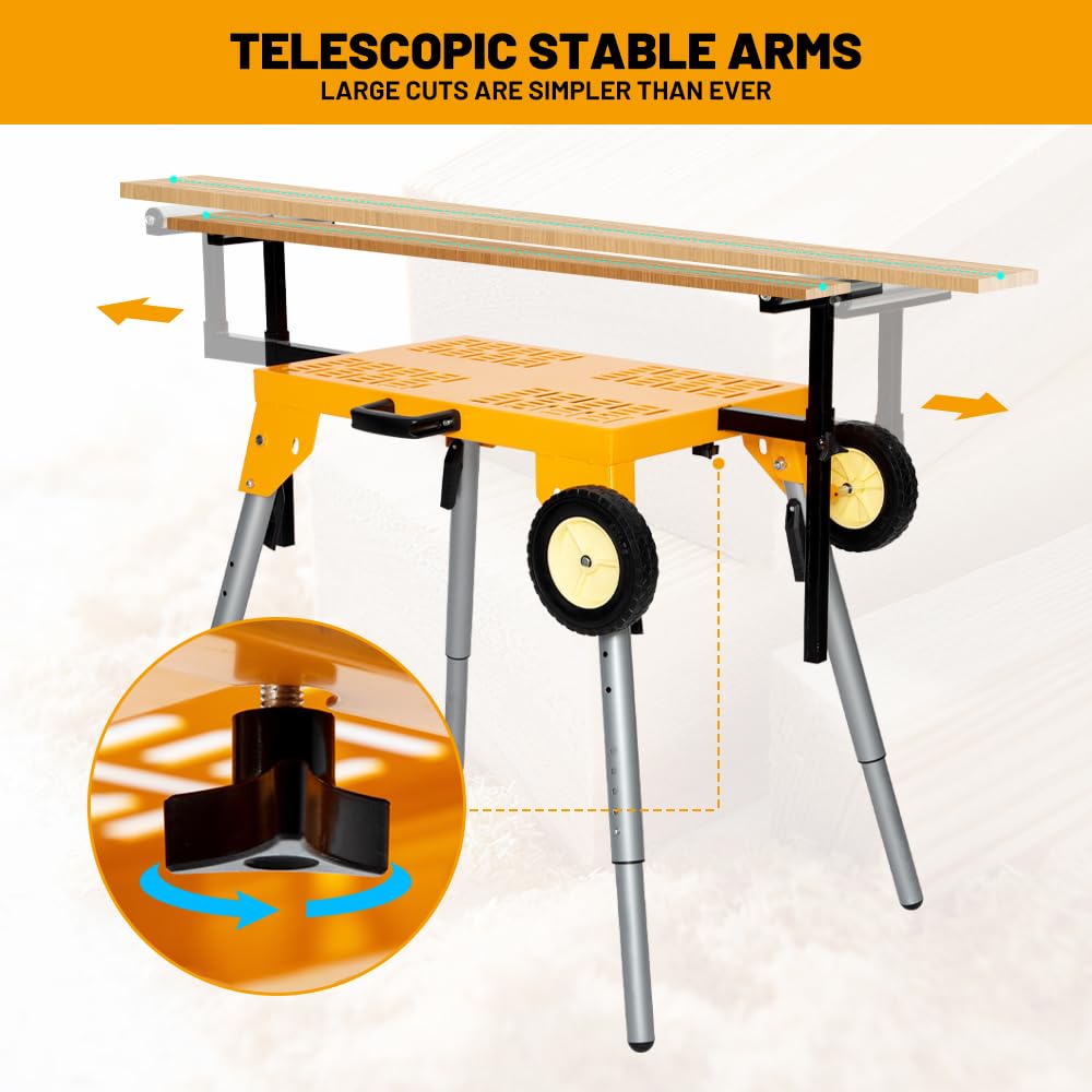 Yeeoy Miter Saw Stand, Heavy Duty Folding Miter Saw Stand with Roller Mounting Bars, Height Adjustable, Collapsible and Portable, Yellow. Yeeoy