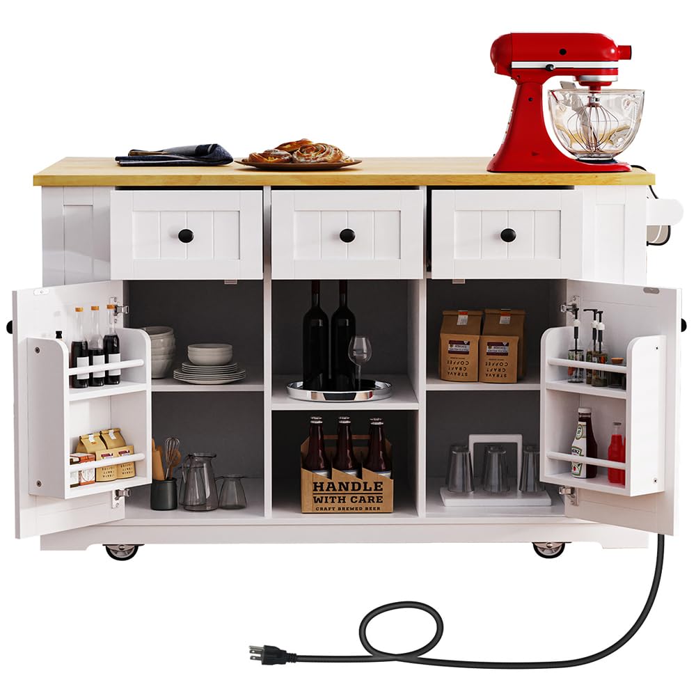 Kennkari Rolling Kitchen Island on Wheels with Drop Leaf, Wide Moblie Kitchen Island with Storage Cabinets and Power Outlet, Large Island Table with Towel Rack and Spice Rack (White) Kennkari