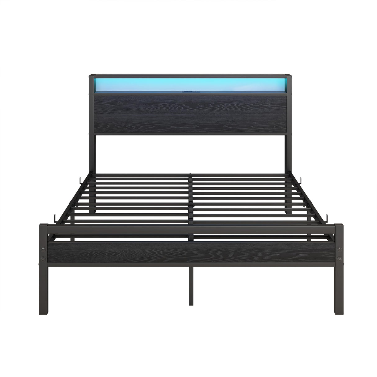 BOFENG Full Size Metal Bed Frame with Storage Headboard, LED Lights, and Charging Station BOFENG