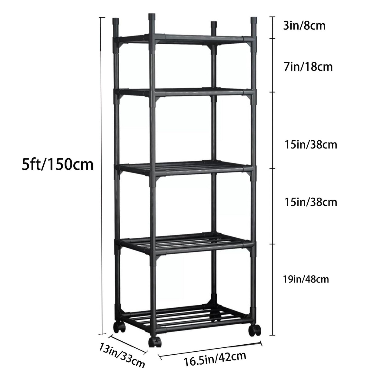 Susuzi 6-Tier Storage Shelves β 66" Tall Metal Shelving Unit with Wheels, 150lb Capacity β Compact 16.5" W x 13" D for Garage, Kitchen & Office (Black) (5-Tier) Susuzi